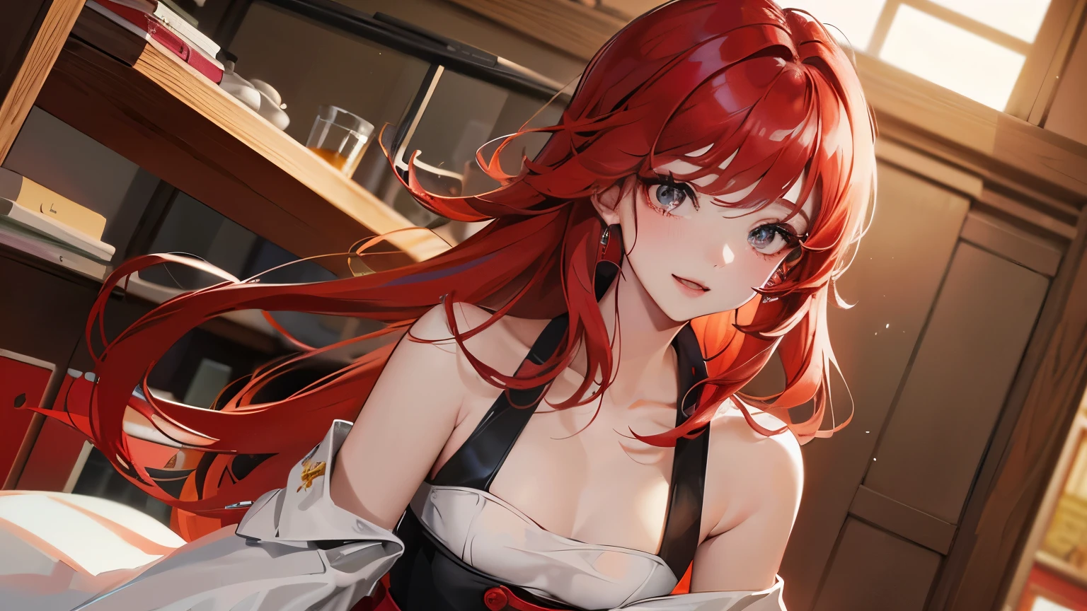 red long hair, sunshine, masterpiece work, best quality, high resolution;,Improved detail,best quality,Perfect image quality,beautiful and sexy, first person view, small spots under the eyes , pretty, 큰 chest, 8K, ,chest 크게, pure white skin, chest, a lovely smile, Beloved, excitement, beautiful, My heart is pounding, red hair, glamour, tempting, , girl friend, Gray-eyed pupils, Infirmary, doctor 가운, white gown, black skirt , tempting, doctor, health teacher