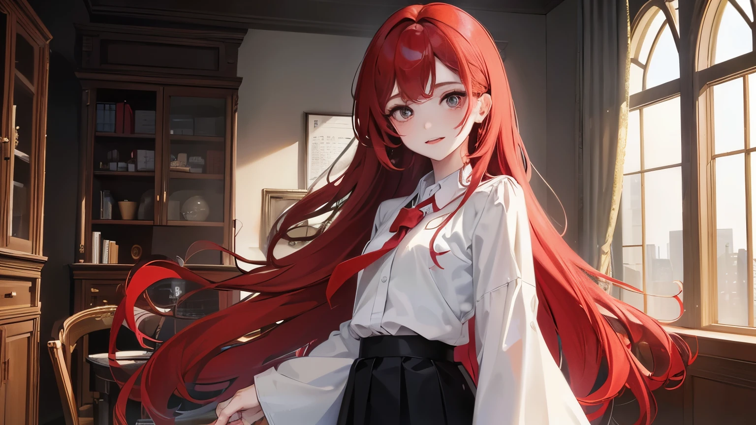 red long hair, sunshine, masterpiece work, best quality, high resolution;,Improved detail，best quality，Perfect image quality，beautiful and sexy, first person view, small spots under the eyes , pretty, 큰 chest, 8K, ,chest 크게, pure white skin, chest, a lovely smile, Beloved, excitement, beautiful, My heart is pounding,  red hair, glamour, tempting, , girl friend, Gray-eyed pupils, Infirmary, doctor 가운, white gown, black skirt , tempting, doctor, health teacher