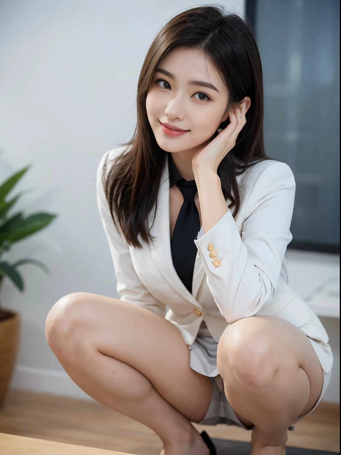 (8K high quality), (highest quality), (RAW image quality),(table top:1.2), (realistic), (realistic:1.37), White-eye,long eyelashes,Precise action and realistic style),ultimate face,realistic, Light and shadow,clear facial features,milky skin,Fair skin, high detail skin,realistic skin details,visible pores,(Super detailed),hair length is random, (flowing hair),best portrait,take pictures from a distance, only one girl, cute,detailed and beautiful eyes, beautifully detailed nose, highly detailed skin) ,(Beautiful face with double eyelids), (realism: 1.4),,delicate and beautiful face,,25 years old,(beautiful face 1.4),Slender, (Wearing an office lady suit and skirt:1.2),((at the company office)),,natural smile,(,seems to be happy),medium hair,,((Wearing an office lady suit and skirt)),very beautiful legs,(((Crouch over the viewer))),((smile at the audience)),The color of the pants is white,very charming smile,sit with both knees up,((Squat down and show off your white panties)),(((Squat with legs slightly apart))),Gesture of hand on cheek