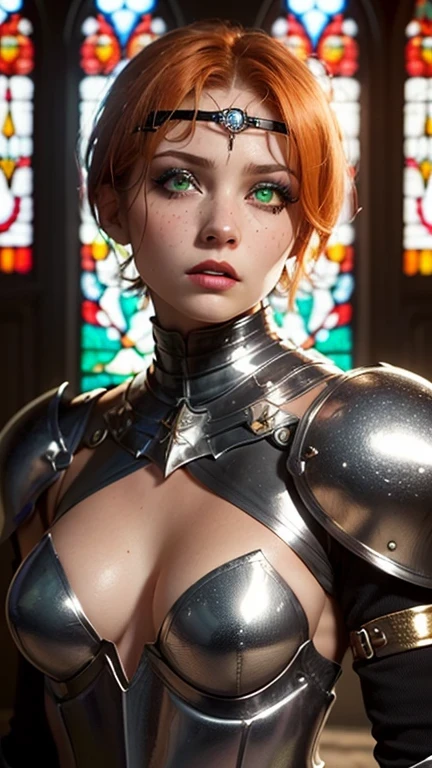 ((best quality: 1.5)) ((masterpiece: 0.8)), intricate details, sharp focus, professional, photorealistic, real life, realistic representation of the face, ((((solo, 1girl) muscular assassin, golden hour, (albino skin, intense expression, god rays, [flat chest:medium breasts:0.8])))) dynamic action pose, homely face, in the style of realistic and hyper detailed renderings, medieval church, stained glass, solo, BREAK; BREAK (((short ginger bob hair, (blackout gothic eyeshadow, makeup), clear green eyes))), (blemish: 0.7), ((fujicolor)), BREAK; BREAK ((((medieval paladin, (lacquered black gold chrome armor:1.9 (weapon, modest, knight, iron circlet, silver etching)))), photorealistic, hyper-realistic))