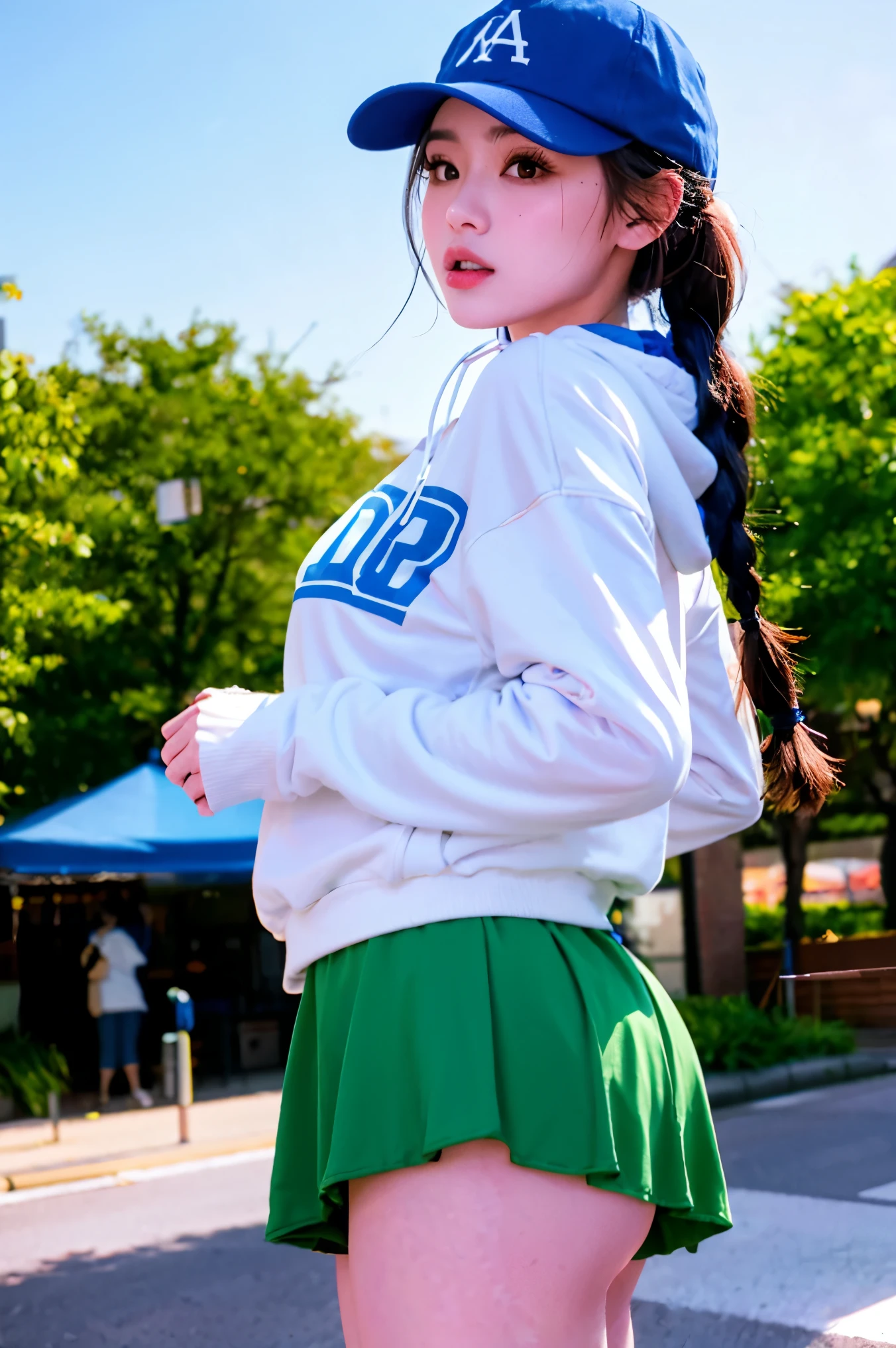 1 girl, ager, (animal ears), direct, whole body, looking at the audience, hair between eyes, hair accessories, colorful hair, double braids, fox tail, (Tao:1.3), badge, Bangs, (blue baseball cap:1.2), clothes writing, White clothes, hood, hood down, Permanently installed, long sleeves, Keep your mouth shut, (blue skirt:1.05), alone, (light blush:0.9), bare tree, building, City, Cityscape, sky, Outdoor activities, street, Tokyo (City), tree
