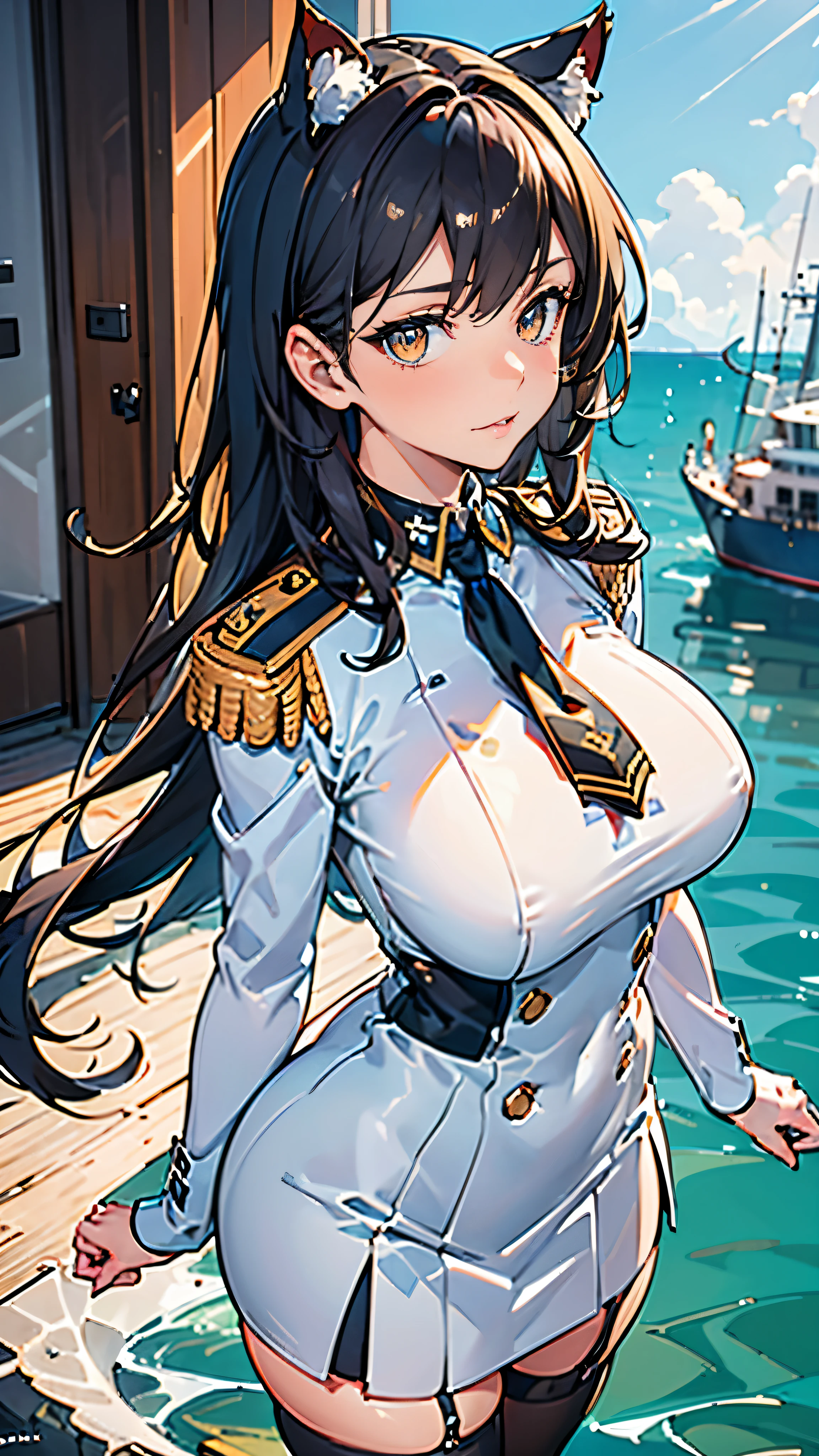 (masterpiece, best quality, RAW photo, intricate details) portrait, head and shoulders, 1girl / Atago / medium dark hair, amber eyes, cat ears, huge breasts, curvy, ((wearing admirals uniform, wearing white skirt, stockings)), harbour background, blue sky, Azur lane, admiralty, service medals:1.8, epaulettes, academy