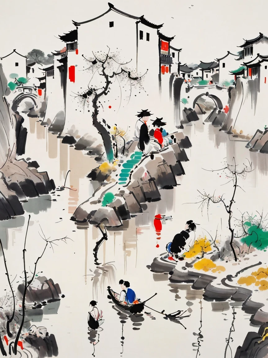 Wu Guanzhong style，Emerging young artists supported by Wu Guanzhong，Through the fusion of traditional and modern elements，By the river in the early morning，Several women are busy doing laundry，The picture is full of tranquility and life，The figures of the women look soft and peaceful in the morning light。The surrounding bamboo forests sway gently in the wind，the river is crystal clear。The entire scene is depicted vividly and in the artistic style of Wu Guanzhong，That is, using the techniques of Chinese ink painting combined with modern composition and color，Showing a unique modern Chinese aesthetic，WuGuanZhong