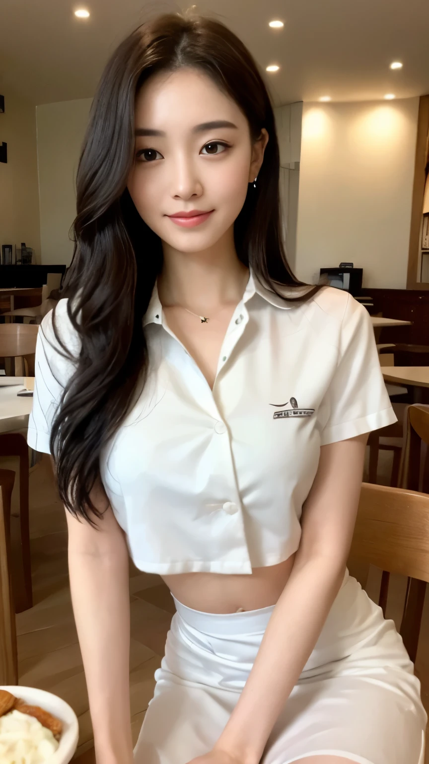 ((top-quality、8k、​masterpiece:1.3))、Beautiful woman with perfect body:1.4、slim abdomen:1.2、Longhair, normal breast, Highly detailed facial and skin texture, A detailed eye, delicate eyes, double eyelid, (smile), (full body shot), ((restaurant)), ((sitting on chair)), ((wearing white uniform)), looking in front, (food on table)
