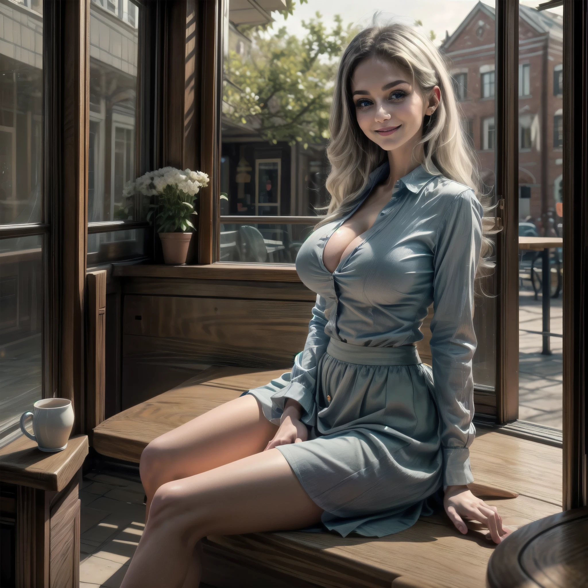 (best quality,4k,8k,highres,masterpiece:1.2),ultra-detailed, 1woman, polish goddess Dzidzilelia as a college student, Ava Addams, pale skin, grayish blue eyes, dressed conservatively, button up shirt, long skirt, wide hips, large ample breasts swollen with milk, dark blond hair worn up, kind eyes, looking at viewer compassionately, loving smile on face, sitting in a cafe, on campus, HDR, 8k, absurdres, cinestill 800, sharp focus, add_detail:2