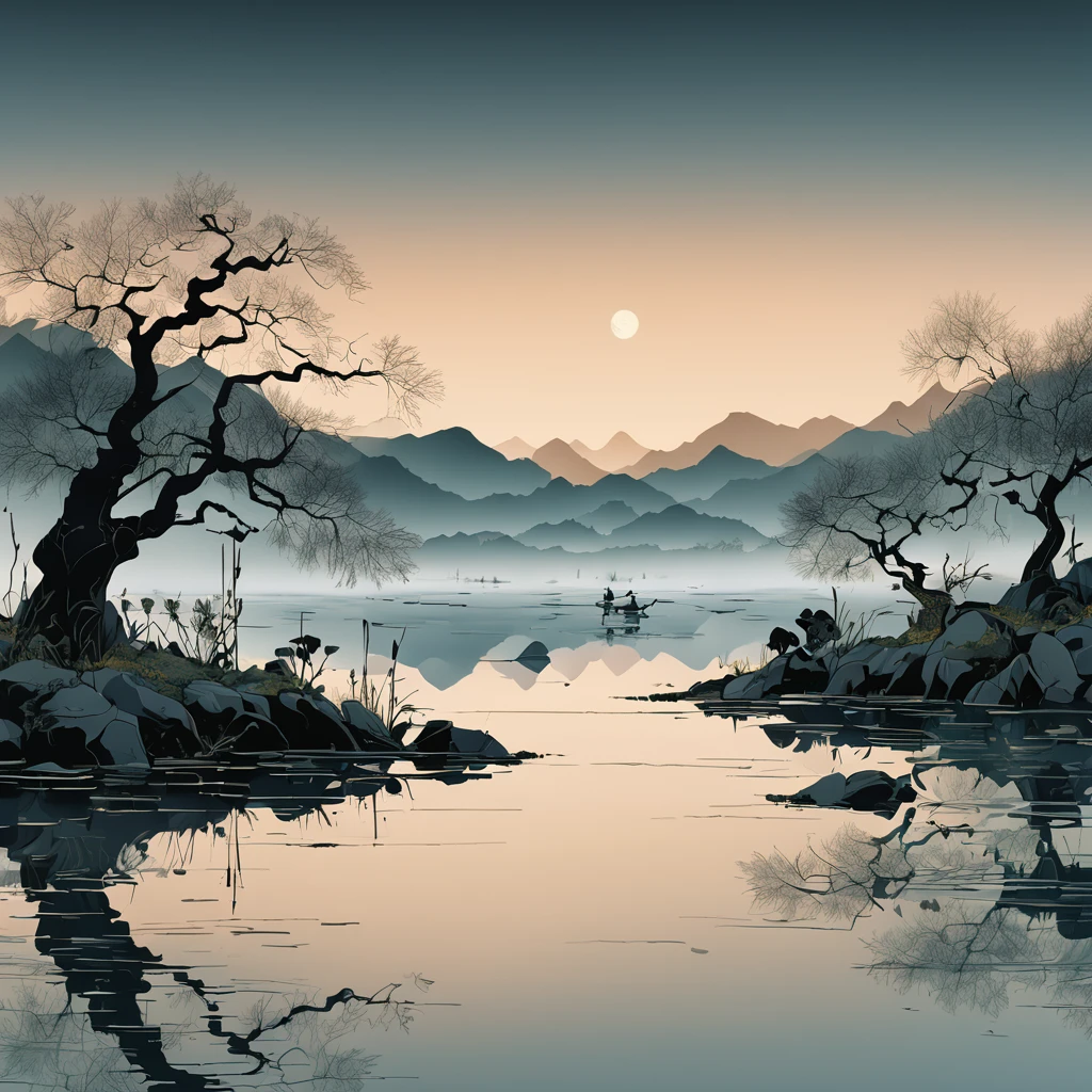 aesthetic, extremely detailed, color photo of,Wu Guanzhong's style, monochromatic simplicity, bold brush strokes, fusion of Eastern and Western art principles, abstract natural elements, structured yet fluid forms,twilight ambience, serene lake, willow trees swaying, distant mountains shrouded in mist, fading daylight, subtle reflections on water,tranquil, contemplative, harmonious, subtle interplay of light and shadow, ethereal quietude,Nikon D850, Kodak Portra 400, 50mm prime lens, shallow depth of field, low ISO, manual exposure, long exposure technique,Wu Guanzhong, Tim Burton, Christopher Doyle, Annie Leibovitz, Vivienne Westwood