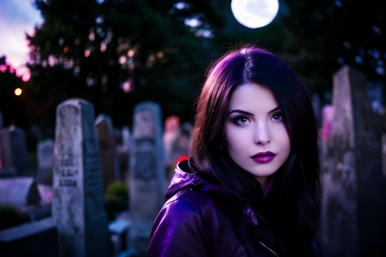 Generate a hyper-realistic image that employs the shallow depth of field technique to highlight a Gothic girl at ((night in a cemitery)) setting, (((under the moonlight))). Black hair, The girl should be the focal point, with crisp clarity, while the background of the Gothic cemitery should be gently blurred to create a bokeh effect. (((In the foreground, A Christian cross))) should be visible but blurred, adding depth to the composition.", adding depth to the composition. Sony Alpha A7R III, macros lens , f/5.6. ((Cinematic purple and magenta Lighting)) .