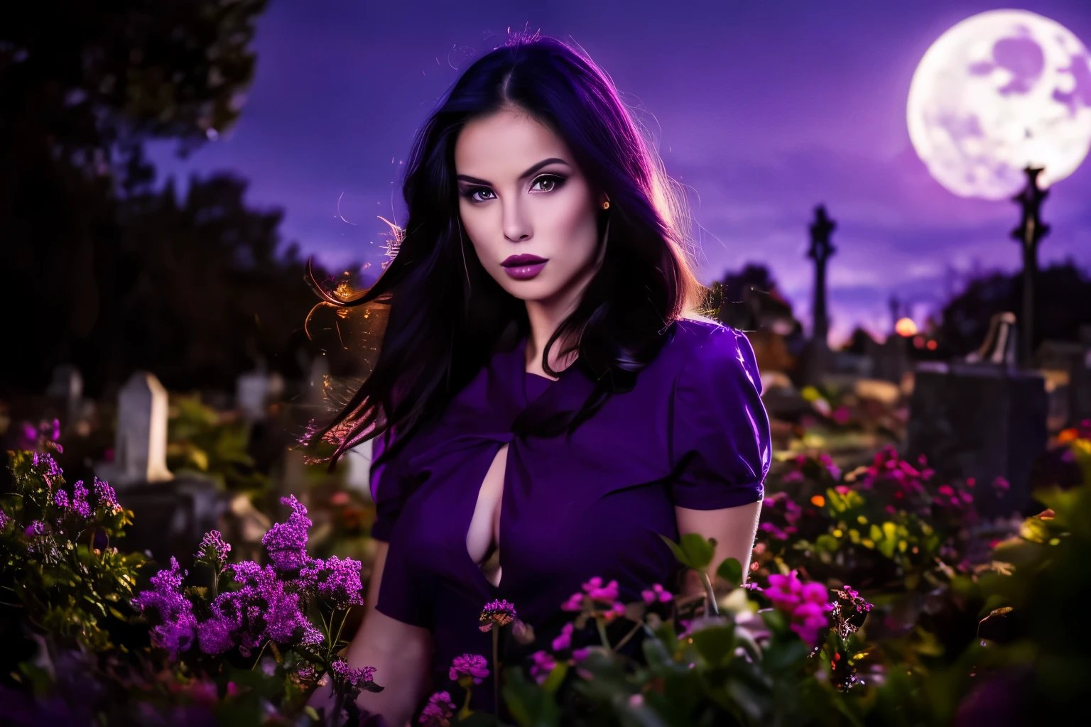 Generate a hyper-realistic image that employs the shallow depth of field technique to highlight a Gothic girl at ((night in a cemitery)) setting, (((under the moonlight))). Black hair, The girl should be the focal point, with crisp clarity, while the background of the Gothic cemitery should be gently blurred to create a bokeh effect. (((In the foreground, A Christian cross))) should be visible but blurred, adding depth to the composition.", adding depth to the composition. Sony Alpha A7R III, macros lens , f/5.6. ((Cinematic purple and magenta Lighting)) .