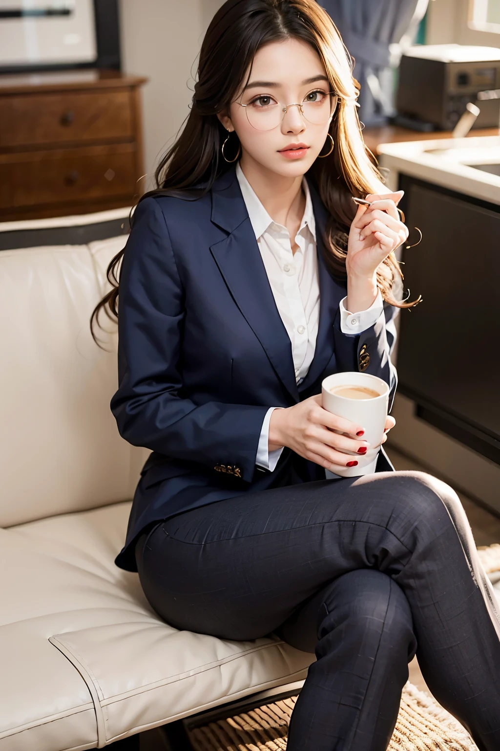 (super detailed, 8k, RAW photo, highest quality), High-definition RAW color photo, professional photos, (realistic, photo-realistic:1.37),Supermodel, 23 years old、 ((In a well-tailored suit)), With a pair of slim heels, Show elegance and confidence, office,computer、 drinking coffee, eyes staring at the camera, coffee cup in hand, curly hair, rimmed glasses, long eyelashes, amber eyes, crystal earrings, parted lips, 