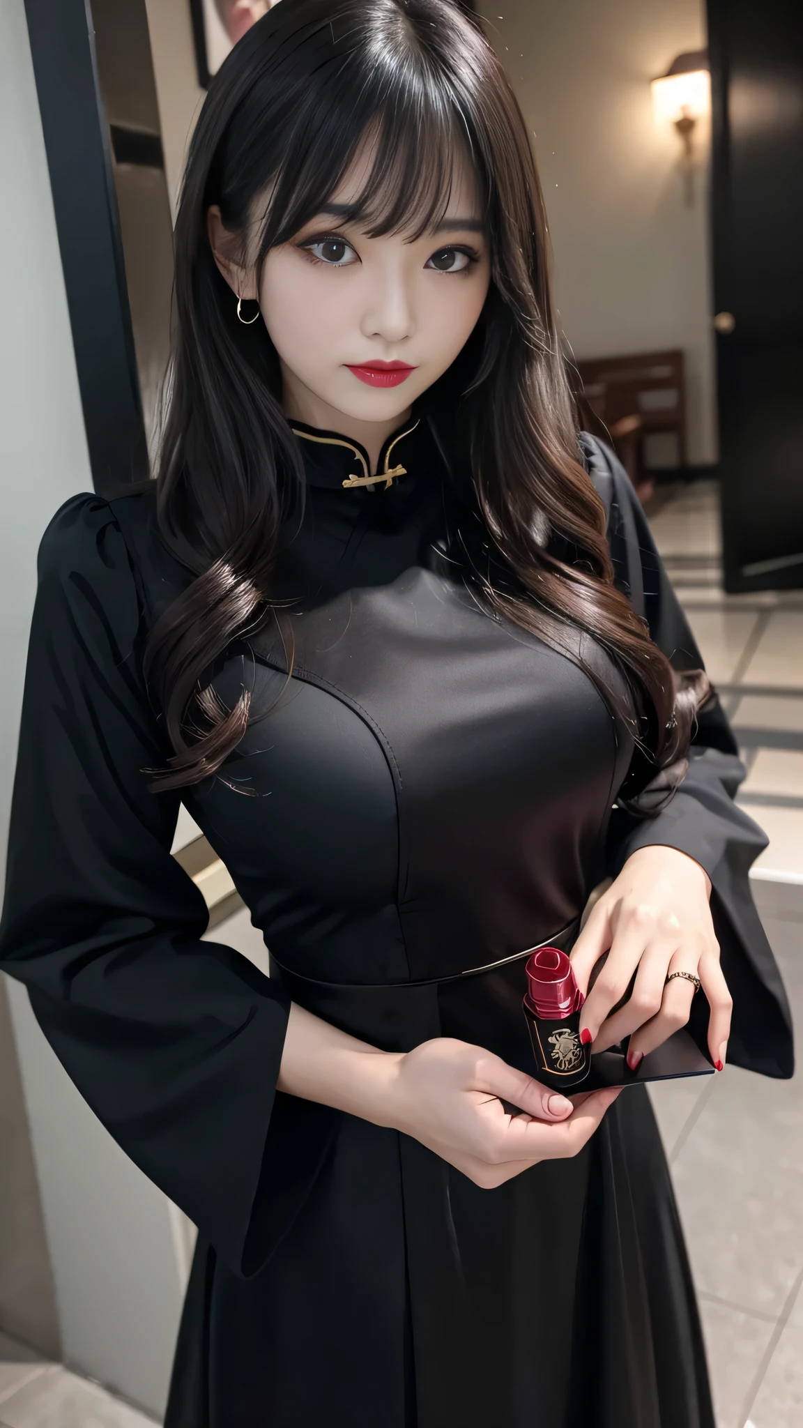 Super detailed、Japanese、charming beauty、seductive adult woman、Beautiful woman、sharp eyes、cool girl、wavy hair、flowing bangs、long black cheongsam、wide sleeve、evilの幹部、evil depravity、brainwashing、Mind control、apply lipstick、grin、evilな表情、evil、empty eyes、evil、church at night、vampire、Possessed and turned black