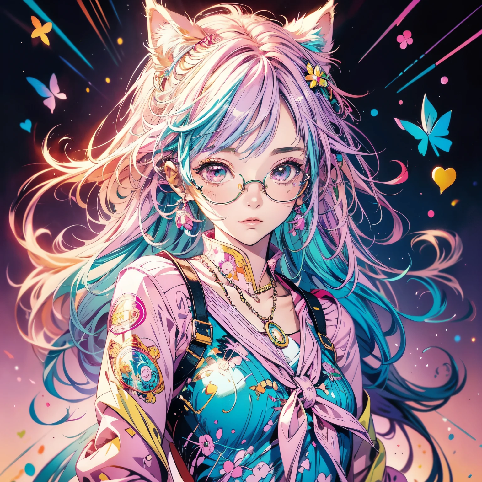 a poster of a girl with long hair and a rainbow colored top, colorful and dark, beautiful anime art style, beautiful anime style, anime art style, (anime girl), “anime girl, beautiful anime portrait, digital art on pixiv, anime artstyle, anime vibes, digital anime art!!, anime girl with long hair, ”beautiful anime woman, digital anime art,anime girl with glasses and a colorful jacket, decora inspired illustrations, decora inspired, kawaii decora rainbowcore, cute art style, cute kawaii girl, kawaii anime manga style, anime visual of a cute girl, cute colorful adorable, cute anime girl, “uwu the prismatic person, cute anime style, anime moe artstyle, colorful]”, kawaii realistic portrait,a woman in a pink dress with a cat ears and a tail, extremely detailed artgerm, style of artgerm, rossdraws cartoon vibrant, ! dream artgerm, style artgerm, anime goddess, beautiful alluring anime woman, like artgerm, artgerm. anime illustration, artgerm and rossdraws
