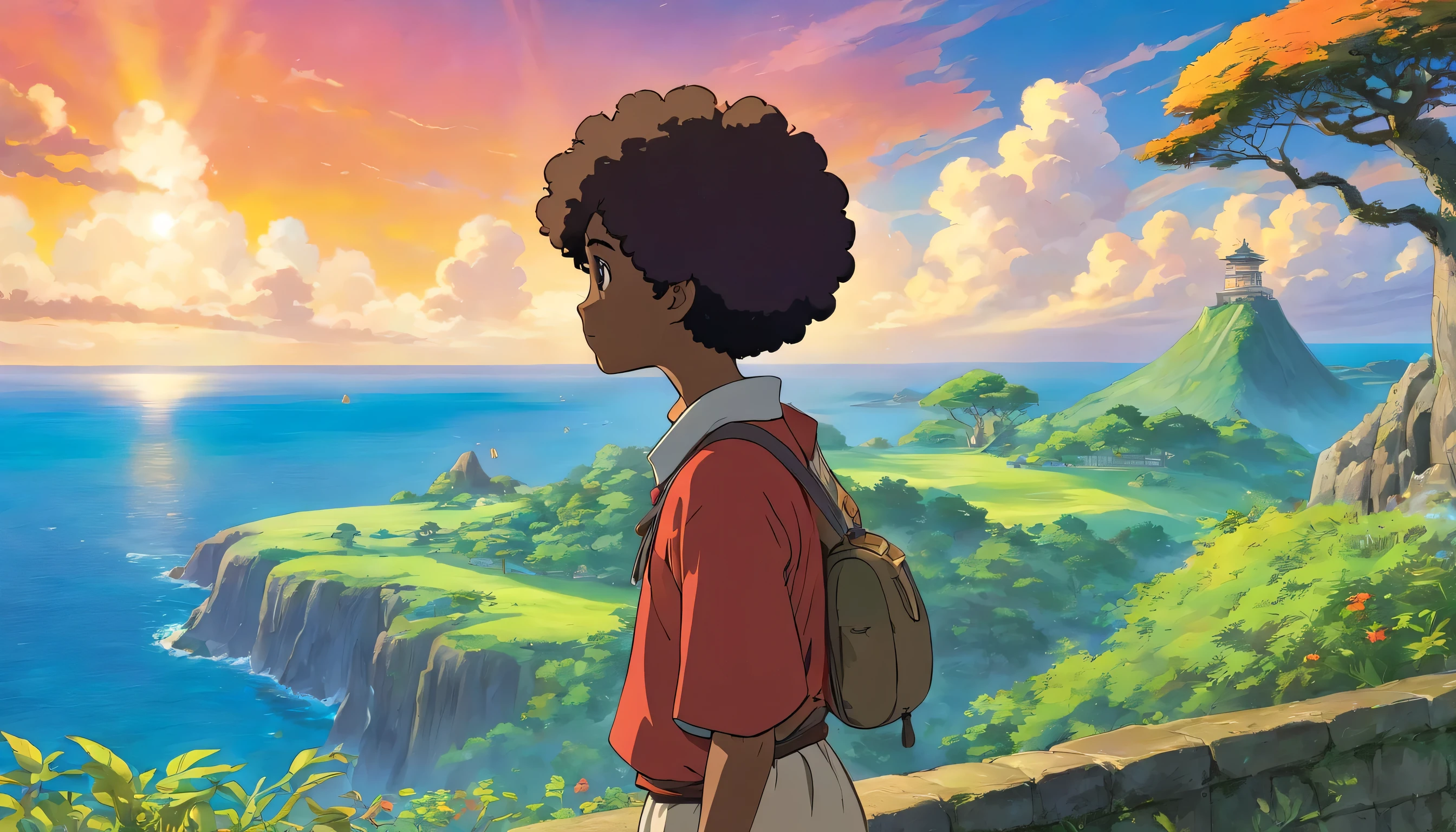 um personagem afrodescendente olhando para o horizonte