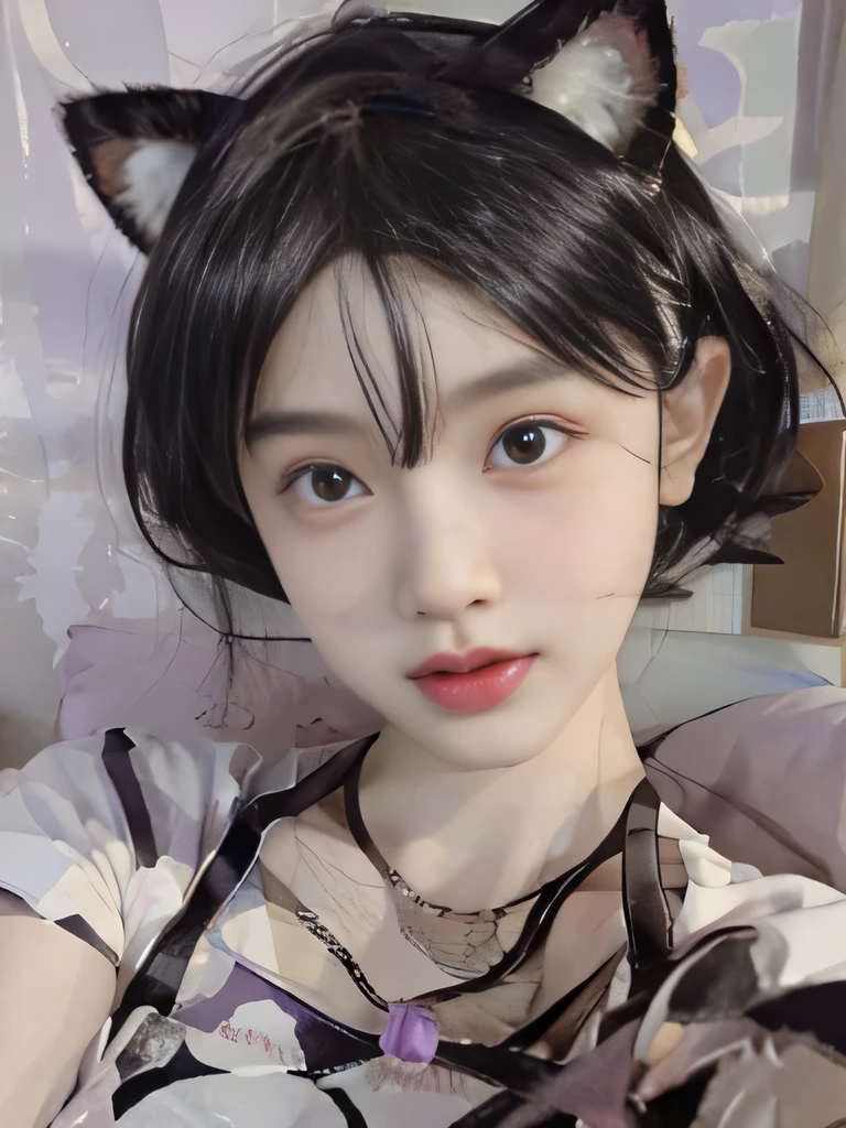 １girl、underwear only、purple backdrop、Cat ear、cat pose、short bob、I can see the collarbone、purple lipstick、cat pose、