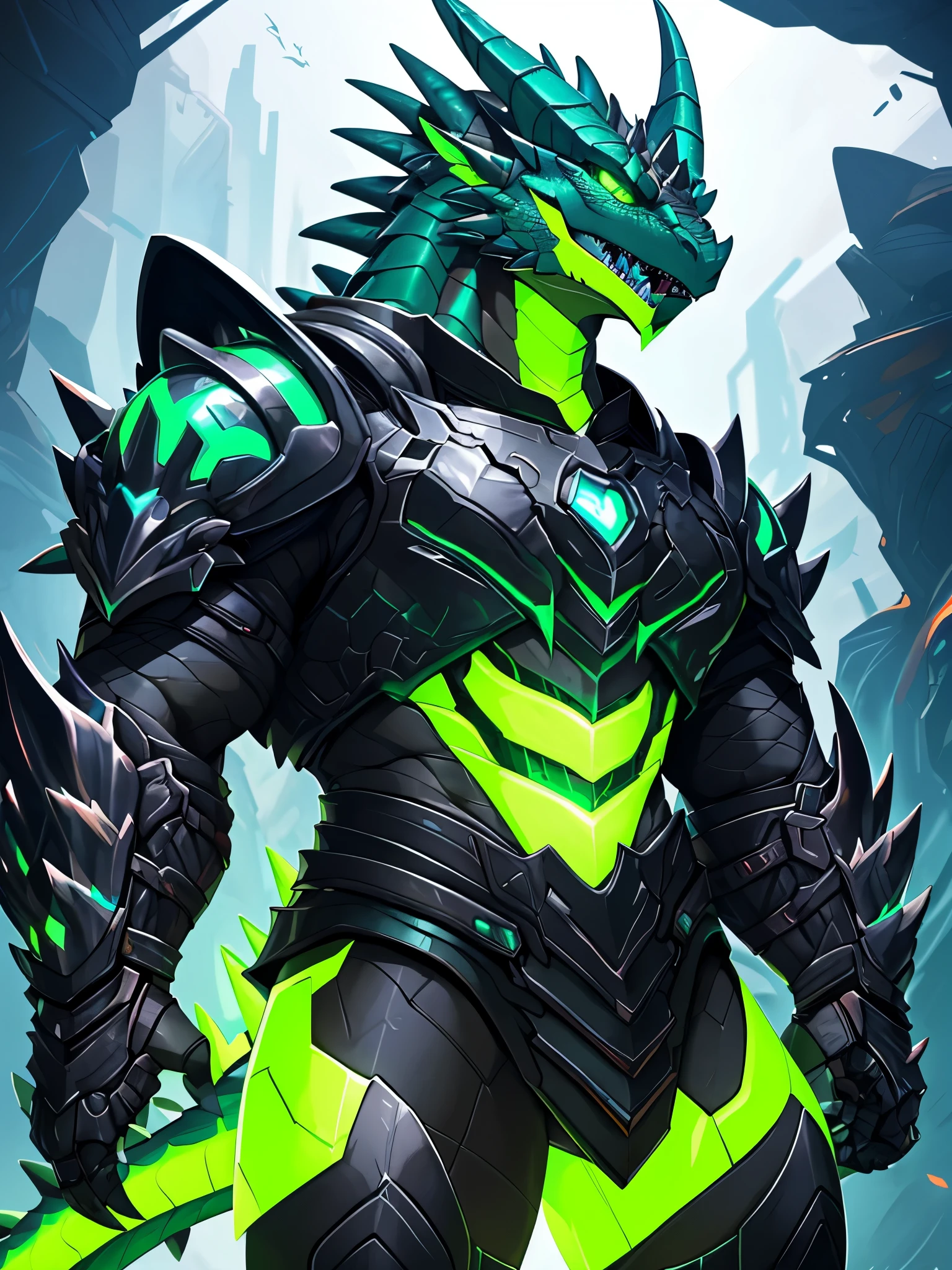 a close up of a person with a green shirt and a black jacket, male robotic anthro dragon, trendin on artstation, corrupted armor, commission for high res, detailed full body concept, sleek glowing armor, green armor, full body dragon concept, as a badass monster hunter, neon armor, anthro dragon art, spiky skin, lizardman art
