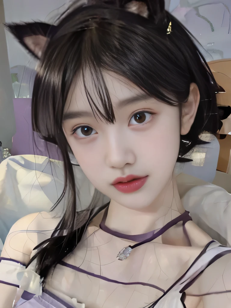 1girl、underwear only、naked、clavicle strengthening、purple backdrop、Cat ear、cat pose、short bob、I can see the collarbone、purple lipstick、cat pose、