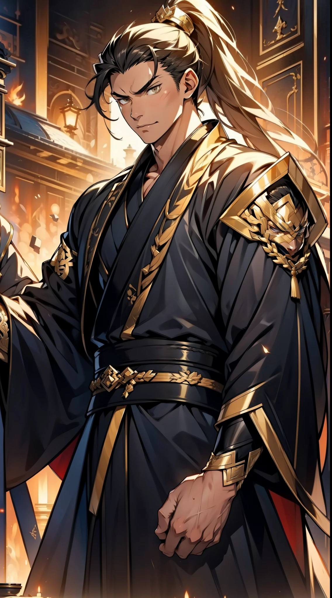 one person（male warrior），proportions are correct，facial details，swordsman，high ponytail hairstyle，neck detail，Have an Adam&#39;s apple，Black and gold robe，joke，Black and gold robe，clothing details，Hand over，long sleeves，Game quality，fencing，Ray tracing，Ray tracing，Detailed glow，CG rendering，hair details，Long black and blond hair，Black-gold eyes，Handsome，Handsome，（Youthful feeling），Costumes are complicated，Perfect composition，refine，high quality，higher details，many details，Complex background，a sense of atmosphere，