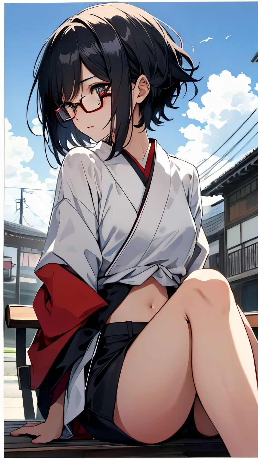 young girl black hair short hair red eyes irreverent face look down thin body thin thighs small breasts small ass toned body See-through blue sky cloud hair blowing in the wind high quality High resolution 8K sitting slit navel vampire Japanese style watercolor glasses natural feel Asakusa freckles
