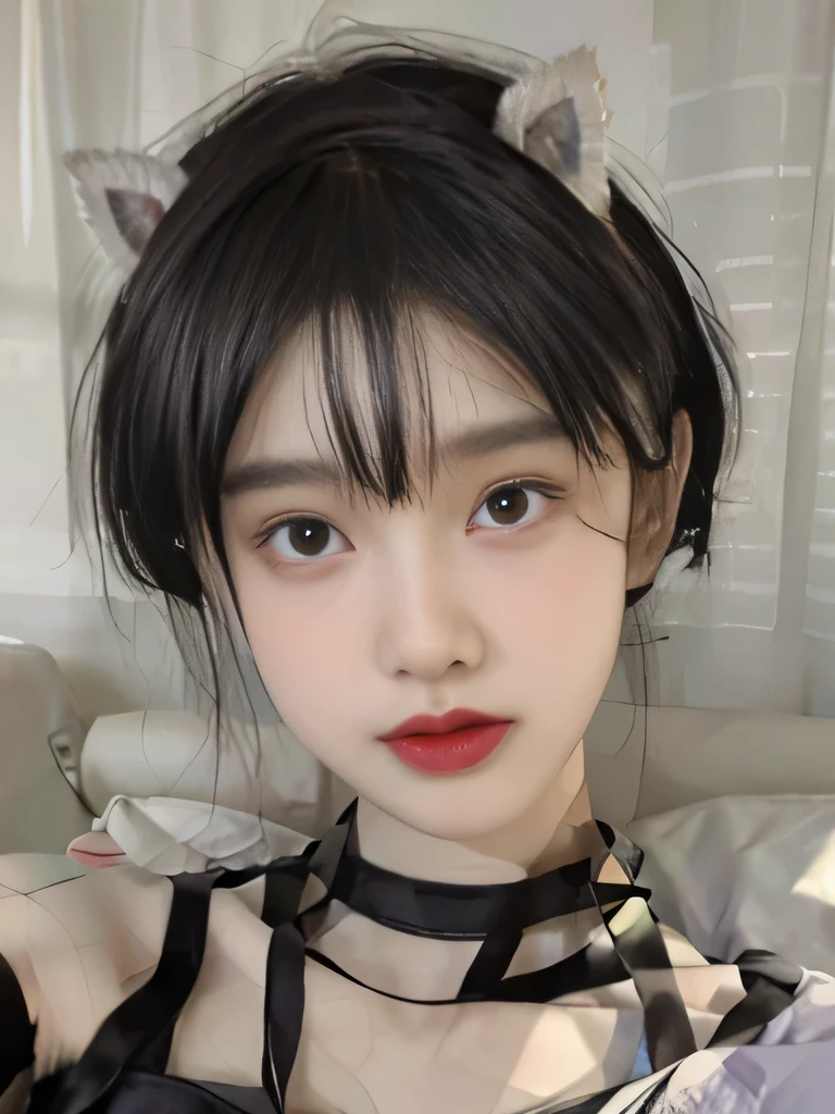 １girl、underwear only、naked、clavicle strengthening、purple backdrop、Cat ear、cat pose、short bob、I can see the collarbone、purple lipstick、cat pose、