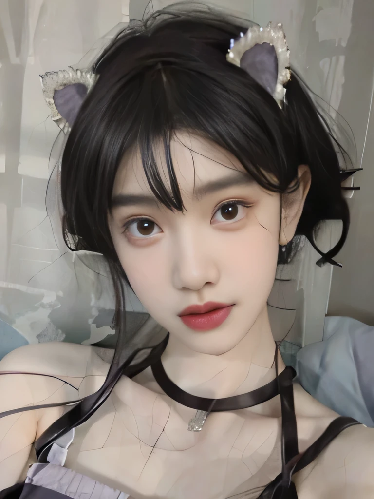 1girl、underwear only、naked、clavicle strengthening、purple backdrop、Cat ear、cat pose、short bob、I can see the collarbone、purple lipstick、cat pose、