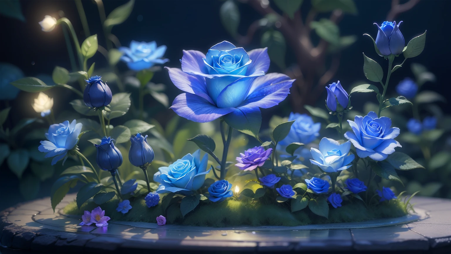 Magic garden miniature scene, delicate blue rose flower、soft glowing branches、Illuminated by happy smiling miniatures. 8K Autorealist,blue garden、Water Fairy