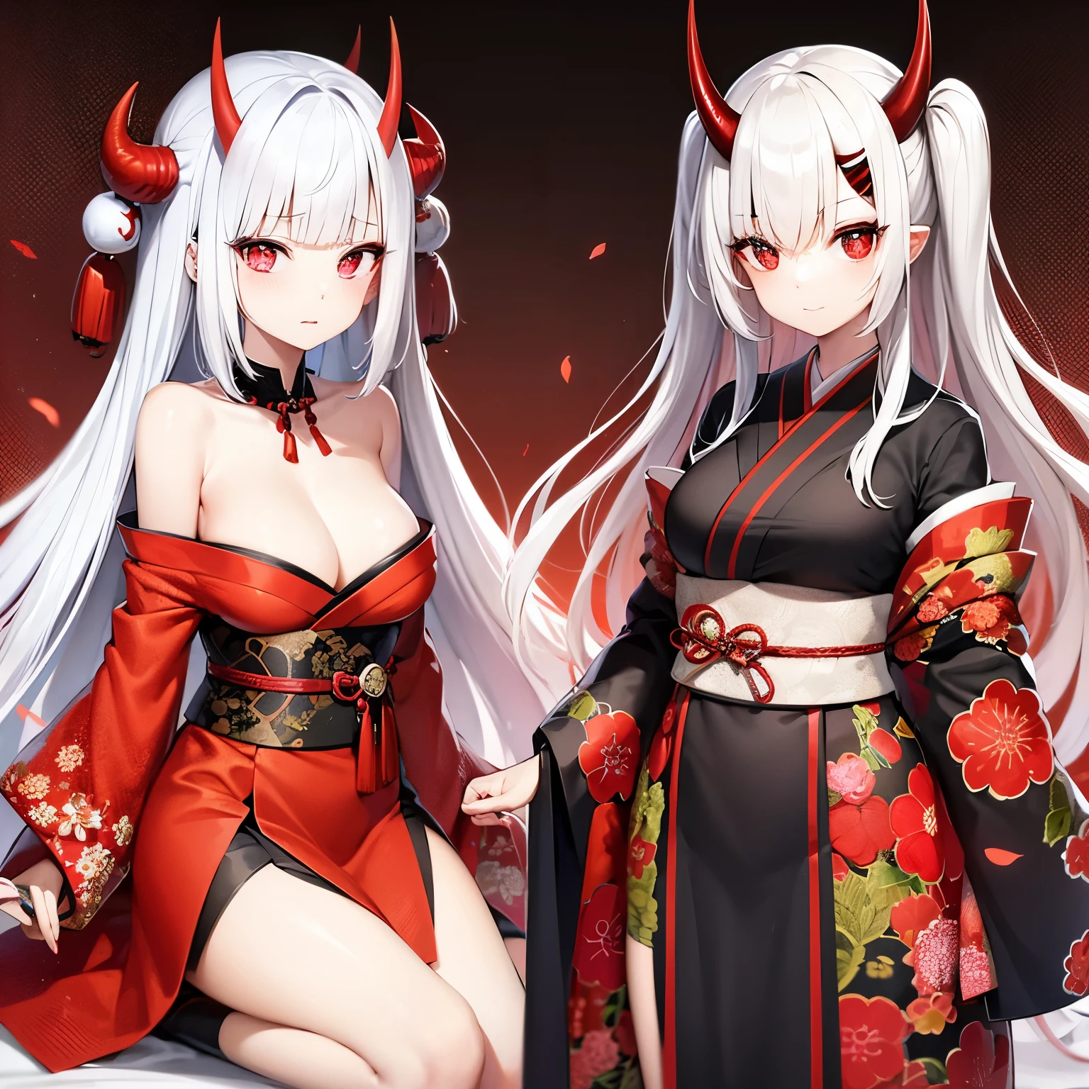 Japanese kimono red and black. Fair skin.  girl. Red eyes. White hair. Oni. Verticle horns. Shoulders showing.