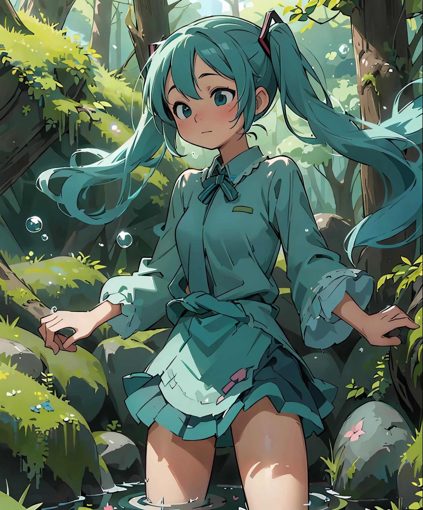 (masterpiece、highest quality、highest quality、official art、beautiful beautiful:1.2)、(1 girl:1.3)Hatsune Miku、twin tails,big breasts,1 girl,stream,moss,small pebbles,forest,short skirt,,Happy,water,bubble,water田,