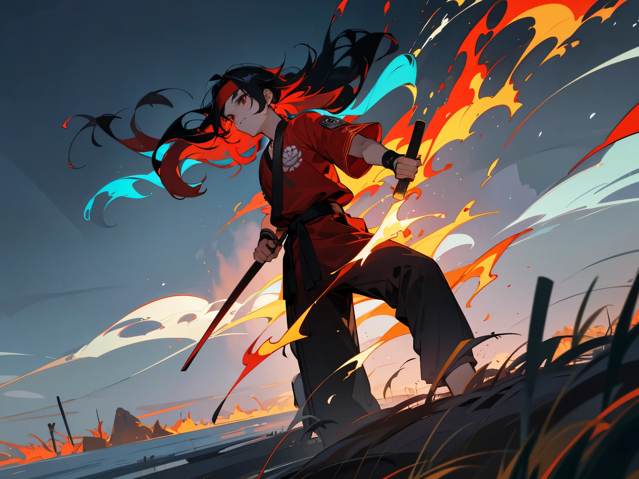 1male , Wavy Hair , Two tone hair, pale blue and black hair color, multicolored hair, , Mullet Hair , red Eyes , Calm Expression , Black Wristbands , Red Shortsleeve Shirt , Martial Arts Clothing , Fire Nation Clothing, grass on fire Background, red headband, martial arts pose, standing on ground, arms in pockets, medium length hair