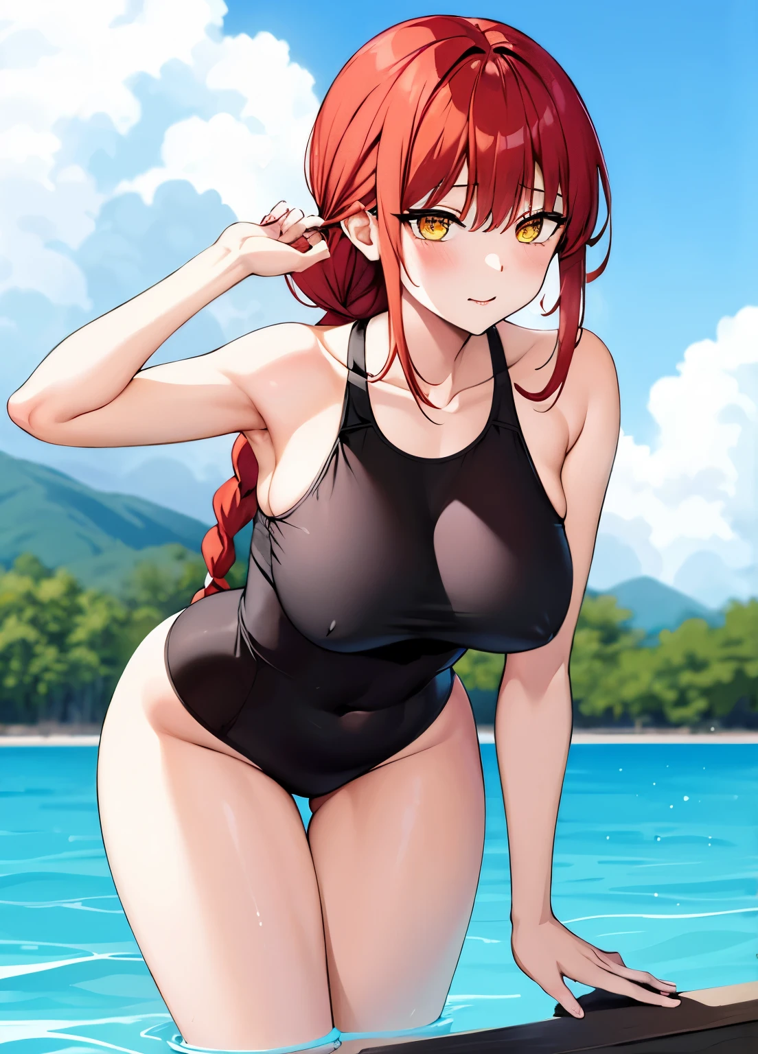 swimsuitを着たアニメの, Girl with long red hair, yellow eyed girl, Braid, swimsuitを着ている, anime moe art style, solo, female focus, being splashed with water, ぬれたswimsuit, ワンピースswimsuitで, clothing:ハイカットswimsuit, 競泳swimsuit, swimsuit, 白いパイピングが施された黒のHigh legレーシングスイムウェア, 白いパイピングが施された黒のHigh legレーシングスイムスーツ, splash art anime, big breasts, woman with very large breasts, Tits, tall woman, adult sex appeal, Cool anime woman wearing a black tank suit with white piping, a girl is standing, High legレーシングスイムウェア, High legレーシングスイムスーツ, High leg, 水泳競技用swimsuit, bare shoulders, bare legs, female protagonist,