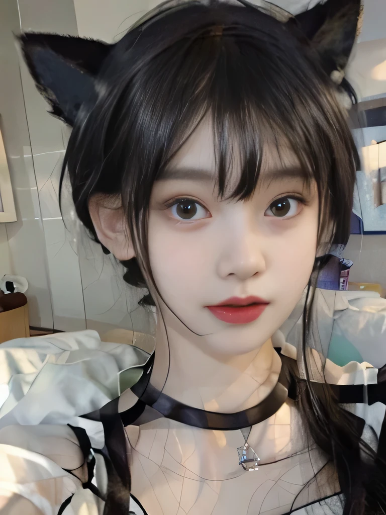 1girl、underwear only、naked、clavicle strengthening、purple backdrop、Cat ear、cat pose、short bob、I can see the collarbone、purple lipstick、cat pose、