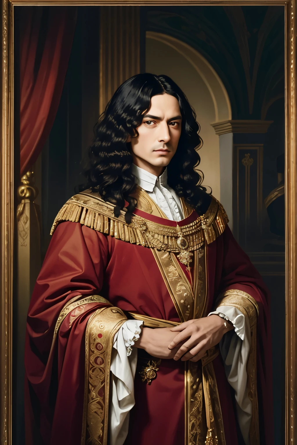 A regal Louis XIV in his thirties, exuding elegance and power: adorned in lavish, intricately embroidered attire fit for a king. This stunning medium long shot photography captures his majestic presence with impeccable detail. His piercing gaze conveys authority, framed by cascading curls. The rich fabrics of his attire shimmer with opulence, embodying the essence of royal grandeur in exquisite clarity.