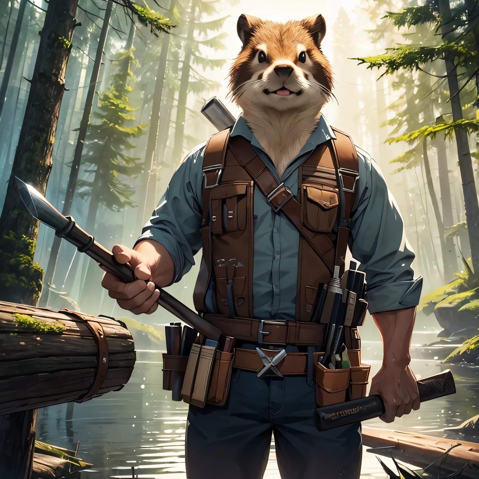 (a beaver),(holding a hammer),(wearing a tool belt),illustration,high quality,ultra-detailed,realistic,photorealistic,professional,lively colors,warm lighting,wood textures,workplace details,tall trees,stable composition,sparkling water reflections
