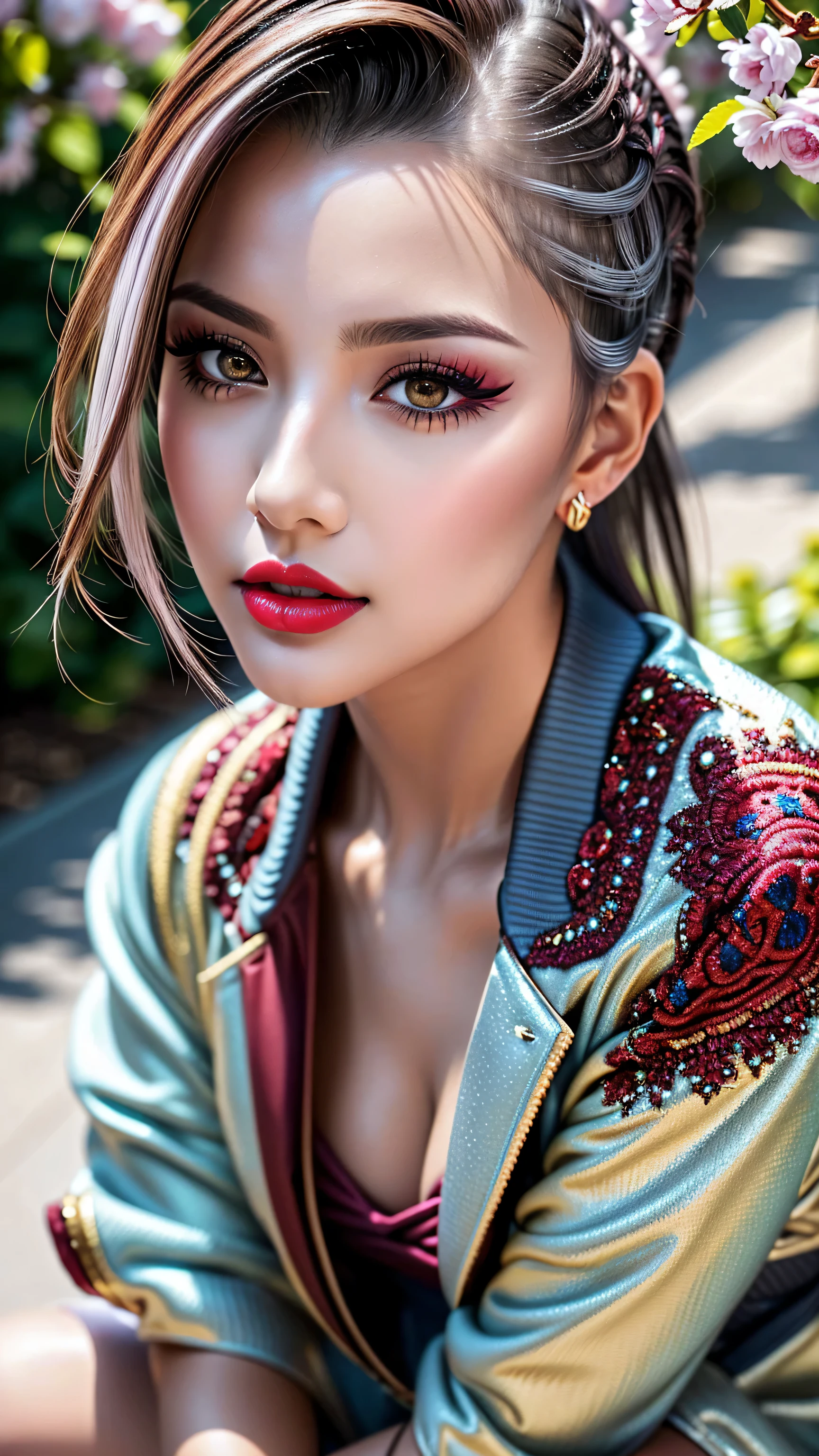 (Highest resolution),(the most absurd quality),(masterpiece),(sharp focus),(最high quality),(photorealistic),(hyper realistic),(best high quality real texture skin:1.4),(ebony skin female),(best quality texture hair:1.4),beauty mixed of girl(madison ivy:0.4)(jessica alba:0.3)(Ariana Grande:0.4)  in 1girl:1.4 20 years old,looking at viewer,cinematic,dark,muted colors,slate atmosphere,(Super beautiful face),(realistic face),absurd(ultra detailed eyes), finely detailed face,finely quality eyes,(tired and sleepy and satisfied:0.0),realistic eyes,perfect round eyes,finely detailed pupils,(brown_eyes:1.3),detailed lips:1.3,pink_makeup:1.3,long blue_eyeliner:1.2,(red_lipstick:1.25),perfect dark_eyeshadows:1.3,there a close up of a woman's,(super detailed makeup on eyes:1.3),iridescent eyes,with professional makeup,vibrant eyes:1.1,(Detailed nose:1.2),((heban hair ((slicked to the side)) extremely detailed:1.45)),((outside,an orchard of blooming cherry trees:1.1)),((super extravagant (cut jacket) wear:1.3)),small head:1.4,(short skirt wrapped at the hips),/(random u%u top:1.35),/exquisite balance of shadows,perfect composition,(shot above the knee:1.3),look at the viewer,(from below:1.1),((show high exposed thighs:1.3)),Hasselblad, 85mm f/4.0