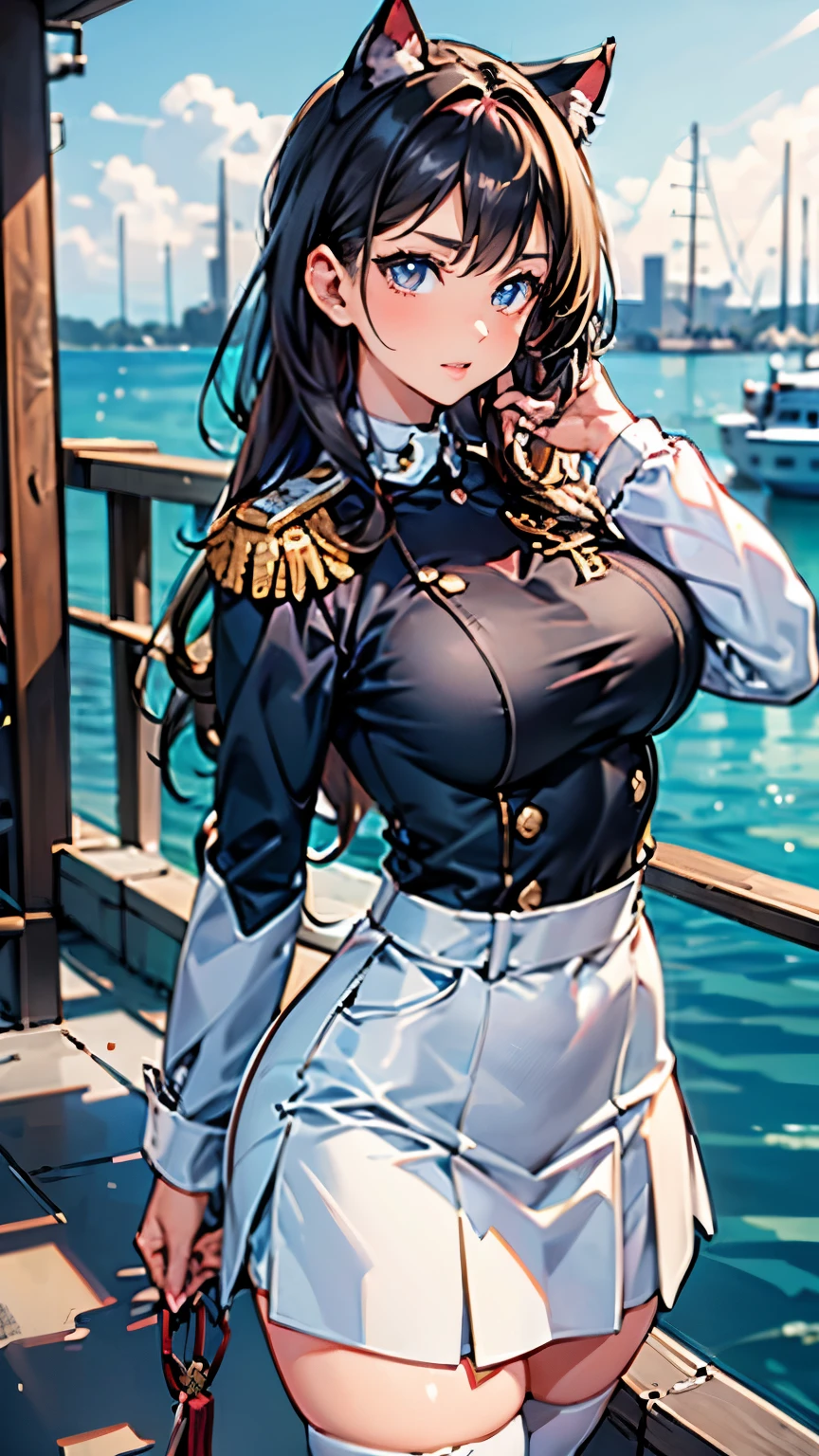 (masterpiece, best quality, RAW photo, intricate details) portrait, head and shoulders, 1girl / Atago / medium dark hair, amber eyes, cat ears, huge breasts:1.7, curvy, ((wearing white admirals uniform, wearing white skirt, stockings)), harbour background, blue sky, Azur lane, admiralty, service medals:1.8, epaulettes, academy