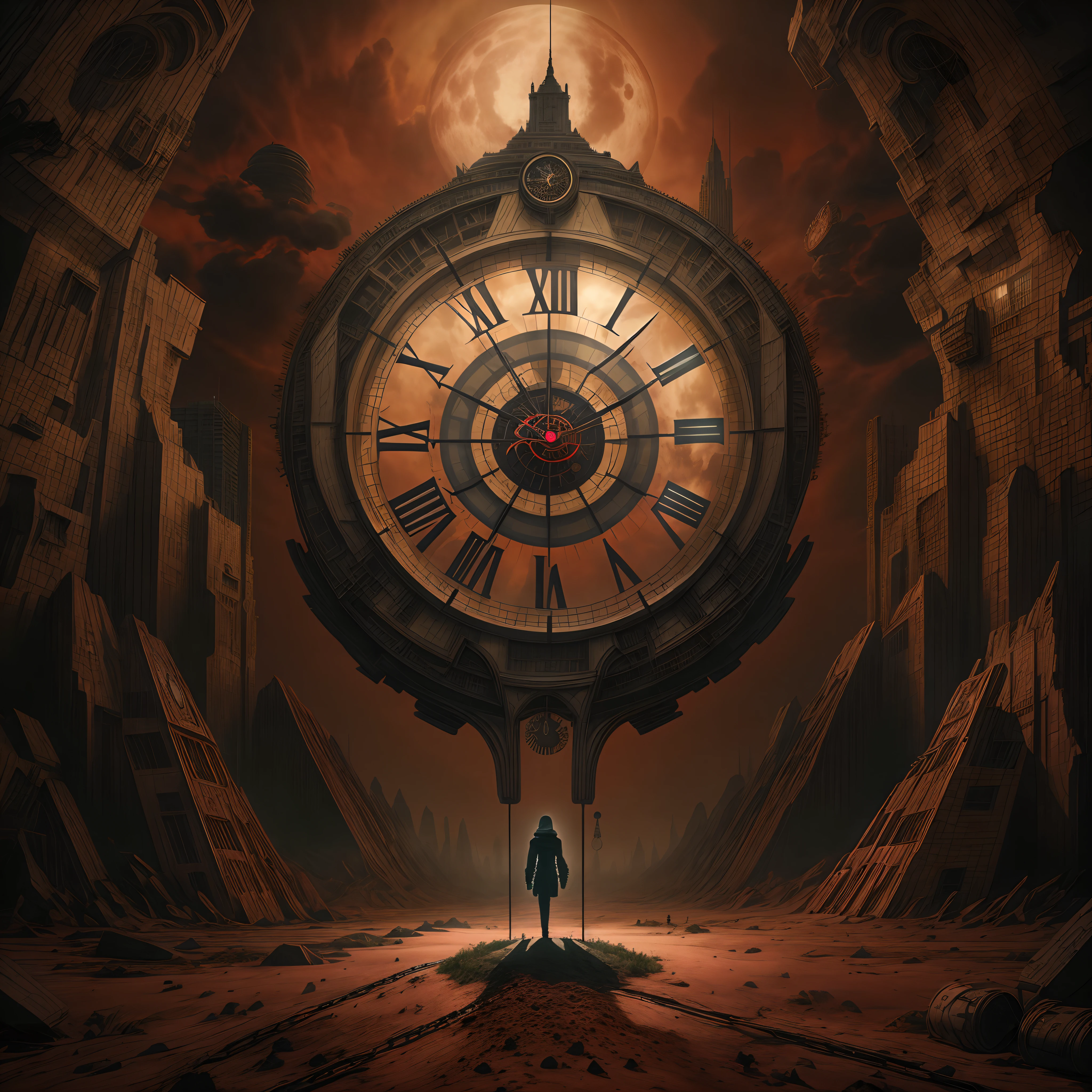 Landmark antique pendulum clock in a Martian city, now infused with elements of horror and death. The clock, set against a futuristic cityscape with red Martian soil, exudes an eerie aura. It stands juxtaposed against sci-fi buildings, its intricate design taking on a sinister aspect with hints of skeletal motifs. The clock face resembles a grinning skull, and the pendulum mimics a scythe. The Martian skyline is dominated by this ominous presence, creating a surreal and otherworldly atmosphere, tinged with a sense of dread. The landscape is haunted, with ghostly figures and shadows adding to the macabre setting. The lighting is dramatic, casting long, spooky shadows that emphasize the clock's grim features