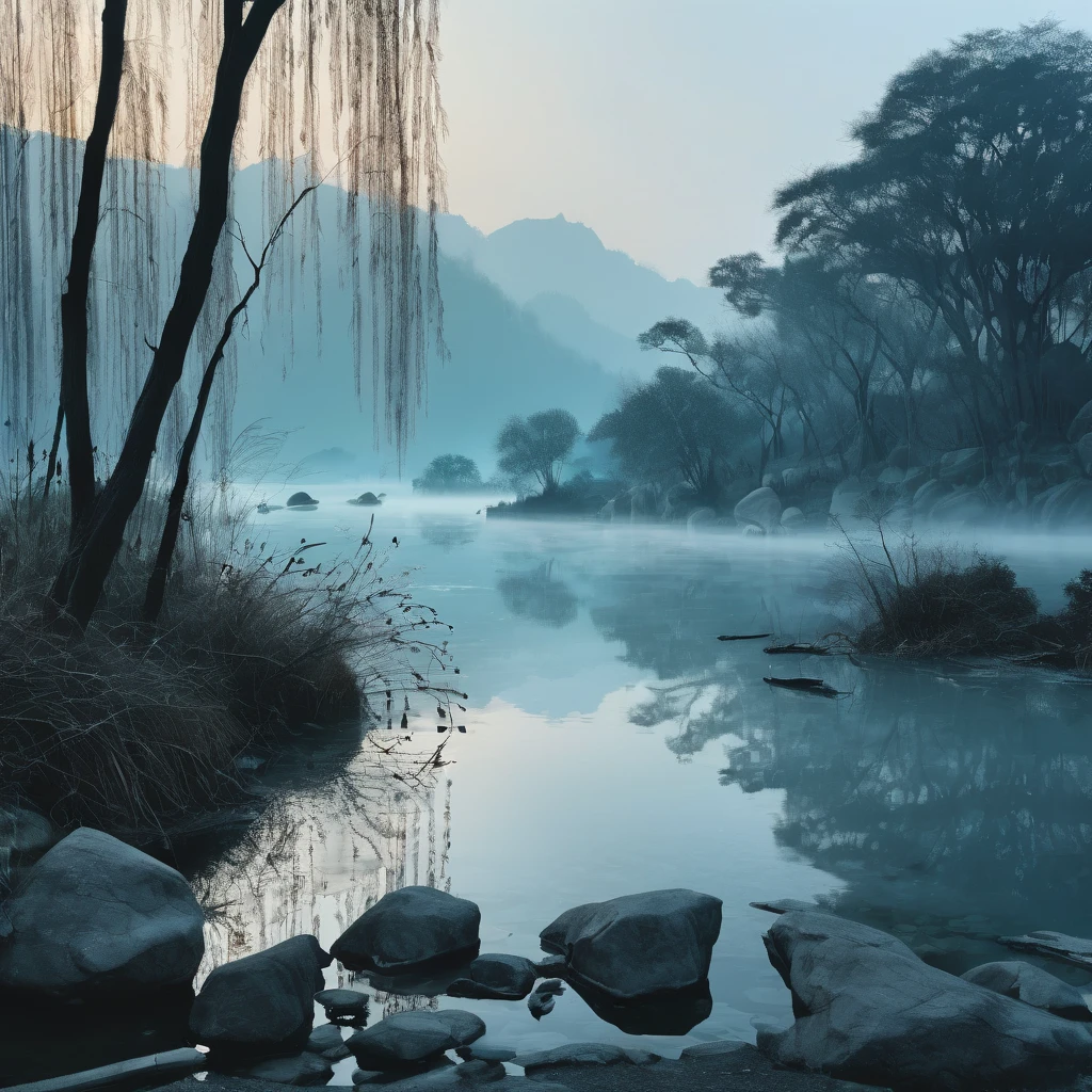 aesthetic, extremely detailed, color photo of,Wu Guanzhong's style, monochromatic simplicity, bold brush strokes, fusion of Eastern and Western art principles, abstract natural elements, structured yet fluid forms,twilight ambience, serene lake, willow trees swaying, distant mountains shrouded in mist, fading daylight, subtle reflections on water,tranquil, contemplative, harmonious, subtle interplay of light and shadow, ethereal quietude,Nikon D850, Kodak Portra 400, 50mm prime lens, shallow depth of field, low ISO, manual exposure, long exposure technique,Wu Guanzhong, Tim Burton, Christopher Doyle, Annie Leibovitz, Vivienne Westwood