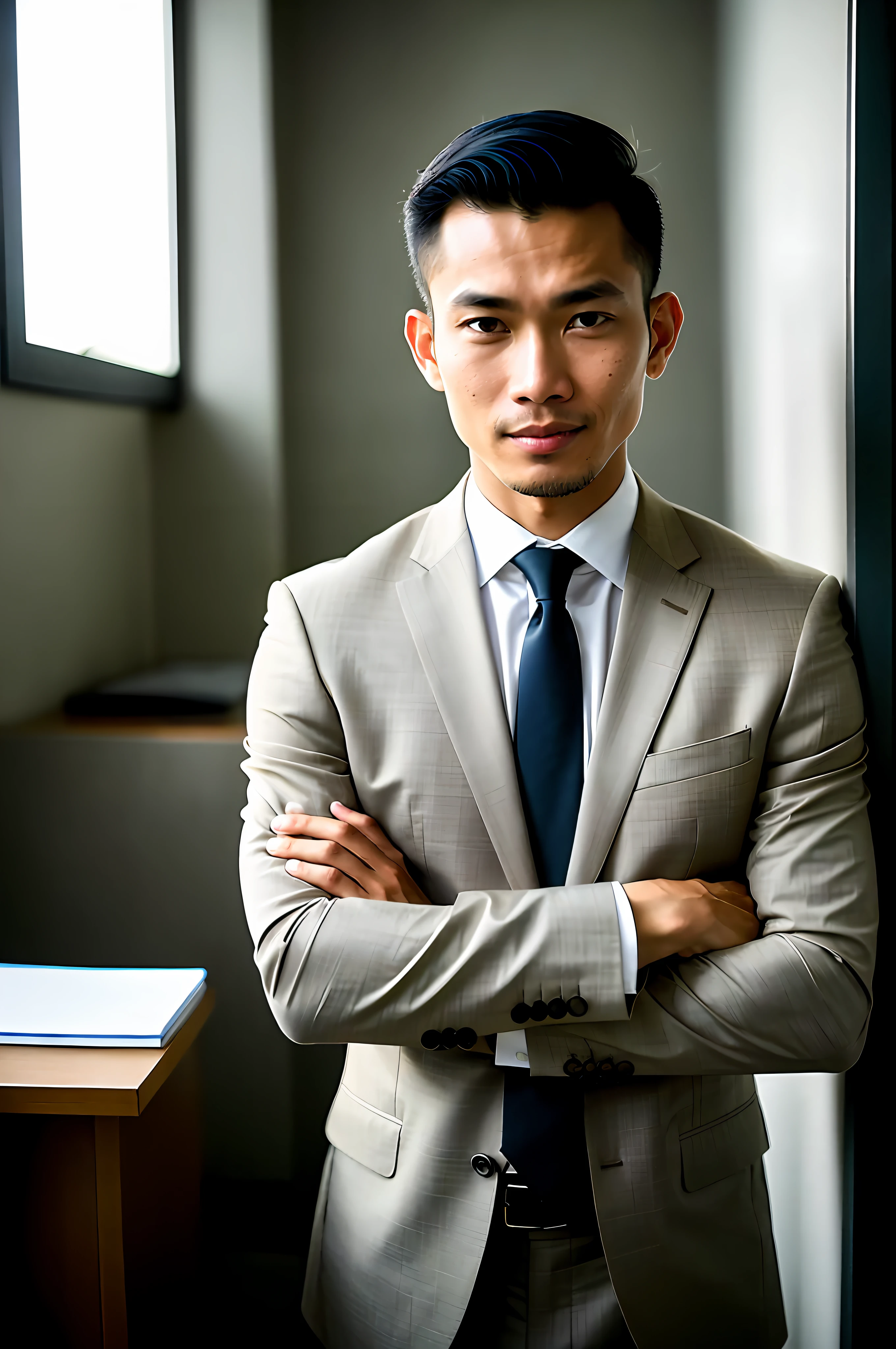 World Press Photo Award, (award winning photography:1.3), (modern indonesian man wearing formal office outfit, handsome face, youth, Indonesian skin color, Characteristics of a typical Indonesian man:1.4), (8k, born photo, highest quality:1.3), (realistic, photo-realistic, Modest clothing:1.1), moving, portrait of a person (Handsome typical modern Indonesian man indoors:1.5), analog style (look at the audience:1.2) (skin texture) (film grain:1.3), (warm shades, warm tones:1.2), close, cinematic light, side light, ultra high resolution, best shadow, born, wearing a suit, microgeometry, skin elasticity, light scattered through hair, ambient occlusion, multi-layer skin shading, Facial muscle simulation, Rendering of the iris and pupil, Advanced color grading, office suit, office, grin, medium shot, dynamic pose, Cross your hands, plant