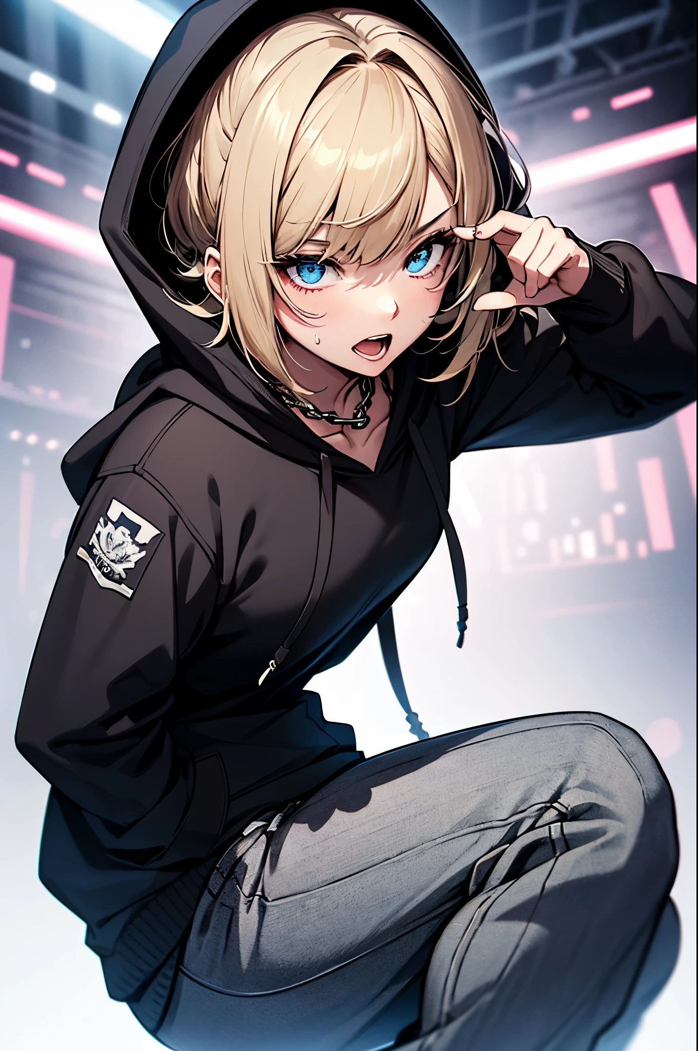 (masterpiece:1.3), high resolution, high detailed, high quality, 8k, High detailed face, High detailed eyes, High detailed skin, High detailed clothes, High detailed hair, accurate, Anatomically correct, natural neck length, movie lighting,
BREAK,
1 girl, Fairy girl, (blonde hair), (middle bob hair), (glory blue eyes), (Glossy lips), (Fair skin), (sweating:1.1),
BREAK,
female rapper, ((gray hoodie:1.2) under black coat), (Salwar pants), (chain necklace), (scream shout rap with a microphone on stage), (dynamic pose), (dynamic angle), open your legs