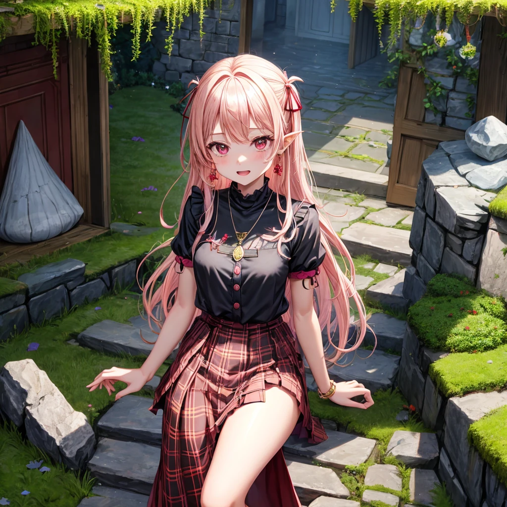 pink blonde、red eyes、one good looking girl、solo、anime、plaid mini skirt、the skirt has buttons、black camisole、black t-shirt、dress、wearing a ribbon、ribbon at waist、cloak、hood、stone slabs are piled up、crystal earrings、monster castle、jewelry necklace、Light and shadow、walking、tunnel、clock、Stuck in the wall、universe、fern plants、petal、tilting one's face、teeth are visible、Red carpet、door of the future、spiral stage、fire spirit、moss is growing、book of magic、Iron nuggets