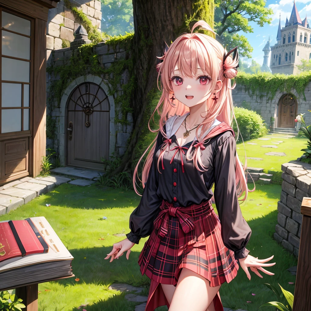 pink blonde、red eyes、one good looking girl、solo、anime、plaid mini skirt、the skirt has buttons、black camisole、black t-shirt、dress、wearing a ribbon、ribbon at waist、cloak、hood、stone slabs are piled up、crystal earrings、monster castle、jewelry necklace、Light and shadow、walking、tunnel、clock、Stuck in the wall、universe、fern plants、petal、tilting one&#39;s face、teeth are visible、Red carpet、door of the future、spiral stage、fire spirit、moss is growing、book of magic、Iron nuggets