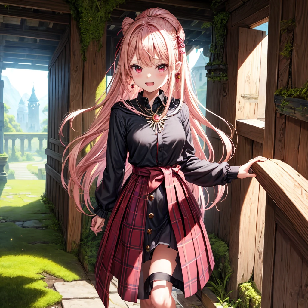 pink blonde、red eyes、one good looking girl、solo、anime、plaid mini skirt、the skirt has buttons、black camisole、black t-shirt、dress、wearing a ribbon、ribbon at waist、cloak、hood、stone slabs are piled up、crystal earrings、monster castle、jewelry necklace、Light and shadow、walking、tunnel、clock、Stuck in the wall、universe、fern plants、petal、tilting one's face、teeth are visible、Red carpet、door of the future、spiral stage、fire spirit、moss is growing、book of magic、Iron nuggets