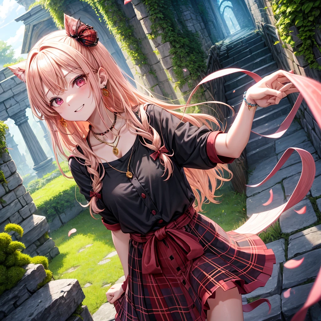 pink blonde、red eyes、one good looking girl、solo、anime、plaid mini skirt、the skirt has buttons、black camisole、black t-shirt、dress、wearing a ribbon、ribbon at waist、cloak、hood、stone slabs are piled up、crystal earrings、monster castle、jewelry necklace、Light and shadow、walking、tunnel、clock、Stuck in the wall、universe、fern plants、petal、tilting one&#39;s face、teeth are visible、Red carpet、door of the future、spiral stage、fire spirit、moss is growing、book of magic、Iron nuggets