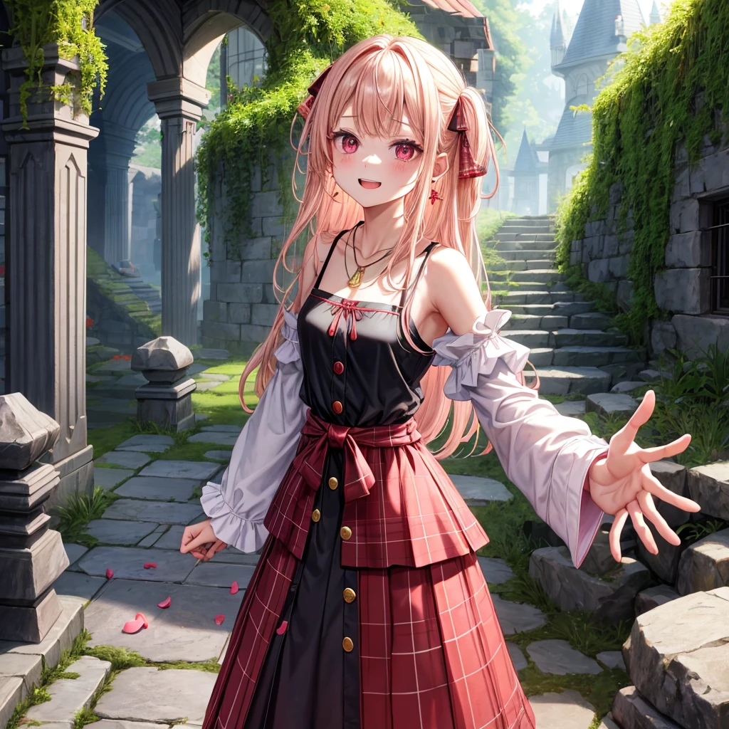 pink blonde、red eyes、one good looking girl、solo、anime、plaid mini skirt、the skirt has buttons、black camisole、black t-shirt、dress、wearing a ribbon、ribbon at waist、cloak、hood、stone slabs are piled up、crystal earrings、monster castle、jewelry necklace、Light and shadow、walking、tunnel、clock、Stuck in the wall、universe、fern plants、petal、tilting one&#39;s face、teeth are visible、Red carpet、door of the future、spiral stage、fire spirit、moss is growing、book of magic、Iron nuggets