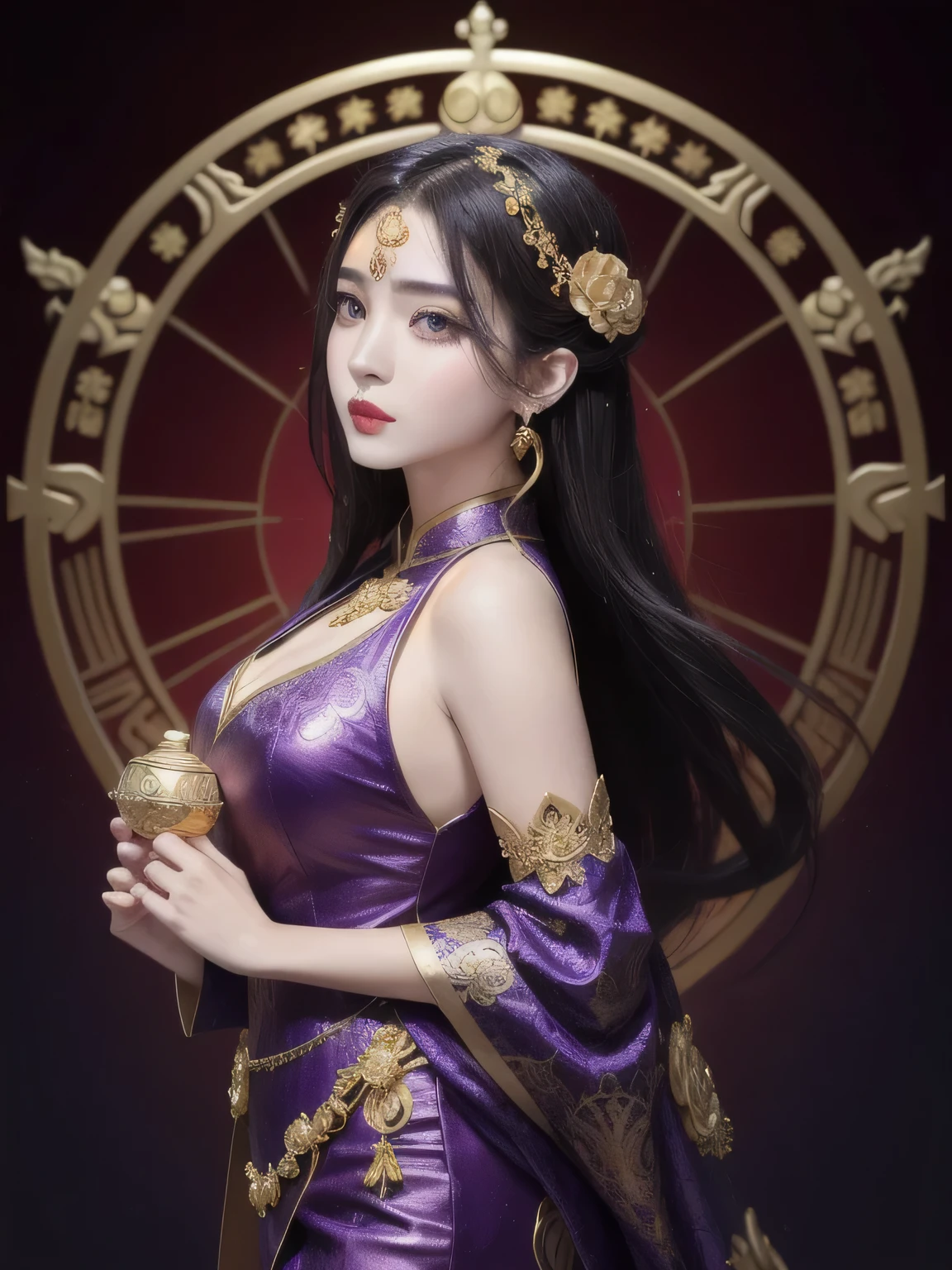 1 goddess of the zodiac from the future, wear the ao dai of the goddess of the zodiac to cover her chest, the goddess of the zodiac wears a bright purple gold bodice, the goddess radiates a bright pink purple zodiac aura, the stars have the shape of the 12 zodiac signs, the goddess of the zodiac wearing a purple and golden zodiac ao dai with many black details, the mythical goddess of the 12 zodiacs from the future, Zodiac sign ♏, zodiac style, dark and mystic version, Plump , Red lips are balanced and very beautiful, character by karol bak and pino daeni, intricate details, detailed background, many object of background, extra highly detailed, magic lighting, a woman, clearly drawn face, beautiful face and symmetry eyes, big round eyes and very beautiful and detailed makeup, distant focus, silk clothing, mystic adornment, full body portrait, arms loose