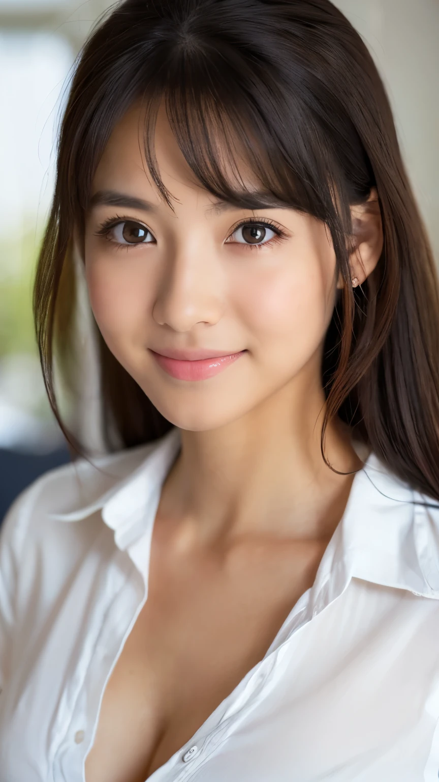 (1 young girl), very cute face, wonderful face and eyes, (highly detailed eyes, highly detailed face), Fresh, very beautiful appearance, (surreal, High resolution), (highest quality:1.4), RAW photo, (realistic, Photoreal:1.37), professional photography, (white Y-shirt:1.5), (Open yukata), (cleavage:1.2), (bare shoulders), smile a little, (look at me), Bedroom, girl portrait,I can see the whole body