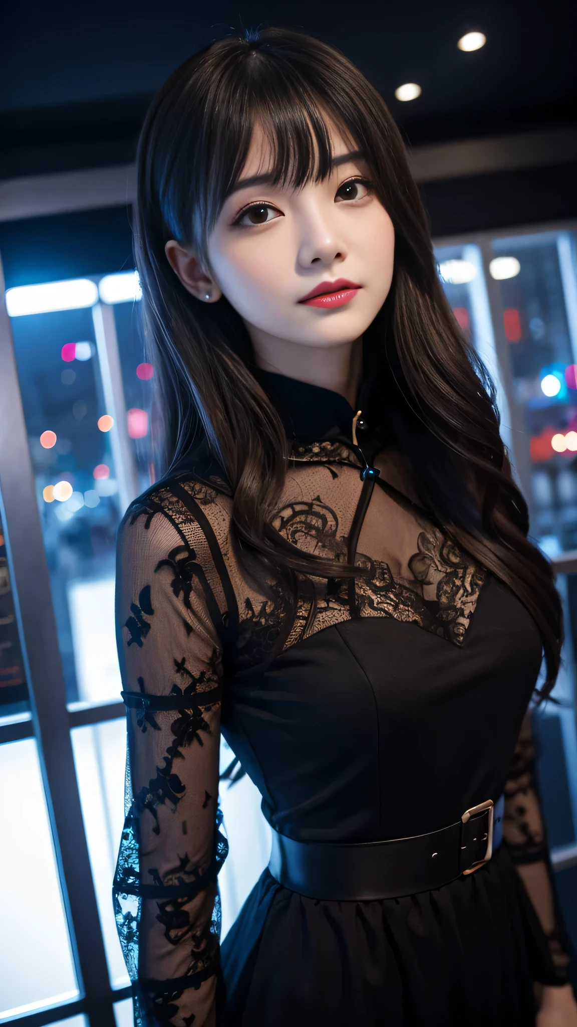 Super detailed、Japanese、charming beauty、seductive adult woman、Beautiful woman、sharp eyes、cool girl、wavy hair、flowing bangs、long black cheongsam、wide sleeve、evilの幹部、evil depravity、brainwashing、Mind control、apply lipstick、grin、evilな表情、evil、empty eyes、evil、church at night、vampire、、medusa、Possessed and turned black