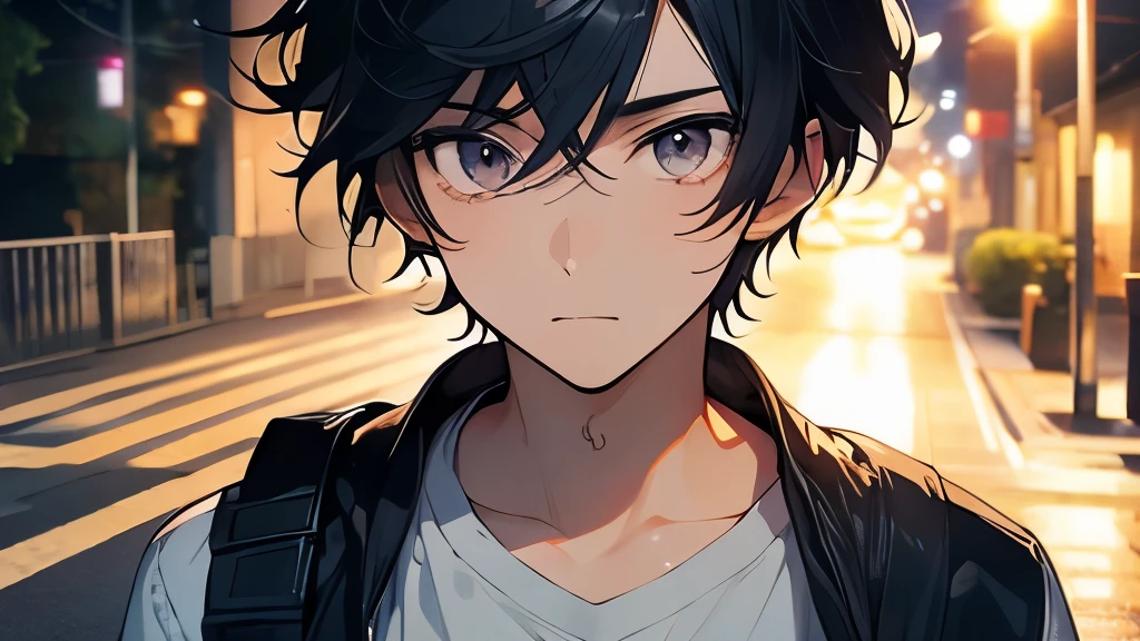 Male 24 years old、hair is black、short hair、Otaku-like、night、walking down the road、close up of face、