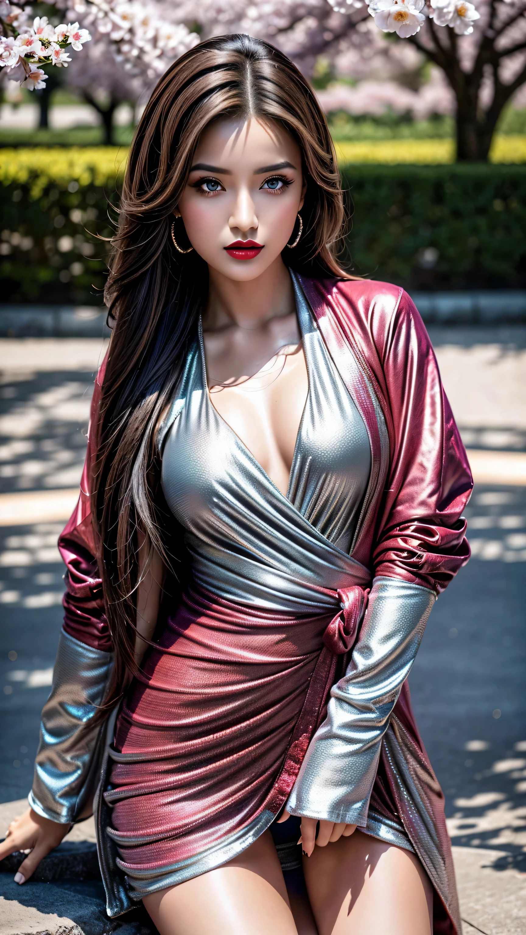 (Highest resolution),(the most absurd quality),(masterpiece),(sharp focus),(最high quality),(photorealistic),(hyper realistic),(best high quality real texture skin:1.4),((ebony skin female)),(best quality texture hair:1.4),beauty mixed of girl(madison ivy:0.5)(jessica alba:0.3)(Ariana Grande:0.3) in 1girl:1.4 20 years old,looking at viewer,cinematic,dark,muted colors,slate atmosphere,(Super beautiful face),(realistic face),absurd(ultra detailed eyes), finely detailed face,finely quality eyes,(tired and sleepy and satisfied:0.0),realistic eyes,perfect round eyes,finely detailed pupils,(brown_eyes:1.3),detailed lips:1.3,pink_makeup:1.3,long blue_eyeliner:1.13,(red_lipstick:1.25),perfect dark_eyeshadows:1.23,(super detailed makeup on eyes:1.3),iridescent eyes,with professional makeup,vibrant eyes:1.1,(Detailed nose:1.2),((heban hair ((asymmetrical, one side up:1.2)) iridescent detailed:1.3)),(outside,an orchard of blooming cherry trees:1.1),((super extravagant ((cut jacket)) wear:1.35)),small head:1.4,((dress wrapped at the hips:1.25) extremely detailed:1.33) ,\(random u%u top:1.25\),exquisite balance of shadows,perfect composition,(shot above the knee:1.3),look at the viewer,(from below:1.1),((show high exposed thighs:1.3)),Hasselblad, 85mm f/4.0