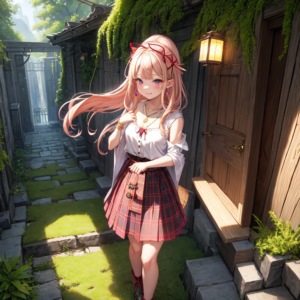 pink blonde、red eyes、one good looking girl、solo、anime、plaid mini skirt、the skirt has buttons、black camisole、black t-shirt、dress、wearing a ribbon、ribbon at waist、cloak、hood、stone slabs are piled up、crystal earrings、monster castle、jewelry necklace、Light and shadow、walking、tunnel、clock、Stuck in the wall、universe、fern plants、petal、tilting one&#39;s face、teeth are visible、Red carpet、door of the future、spiral stage、fire spirit、moss is growing、book of magic、Iron nuggets