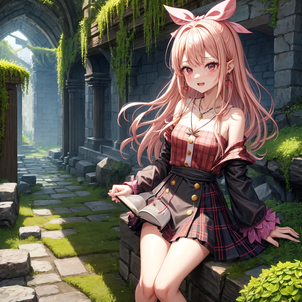 pink blonde、red eyes、one good looking girl、solo、anime、plaid mini skirt、the skirt has buttons、black camisole、black t-shirt、dress、wearing a ribbon、ribbon at waist、cloak、hood、stone slabs are piled up、crystal earrings、monster castle、jewelry necklace、Light and shadow、walking、tunnel、clock、Stuck in the wall、universe、fern plants、petal、tilting one's face、teeth are visible、Red carpet、door of the future、spiral stage、fire spirit、moss is growing、book of magic、Iron nuggets