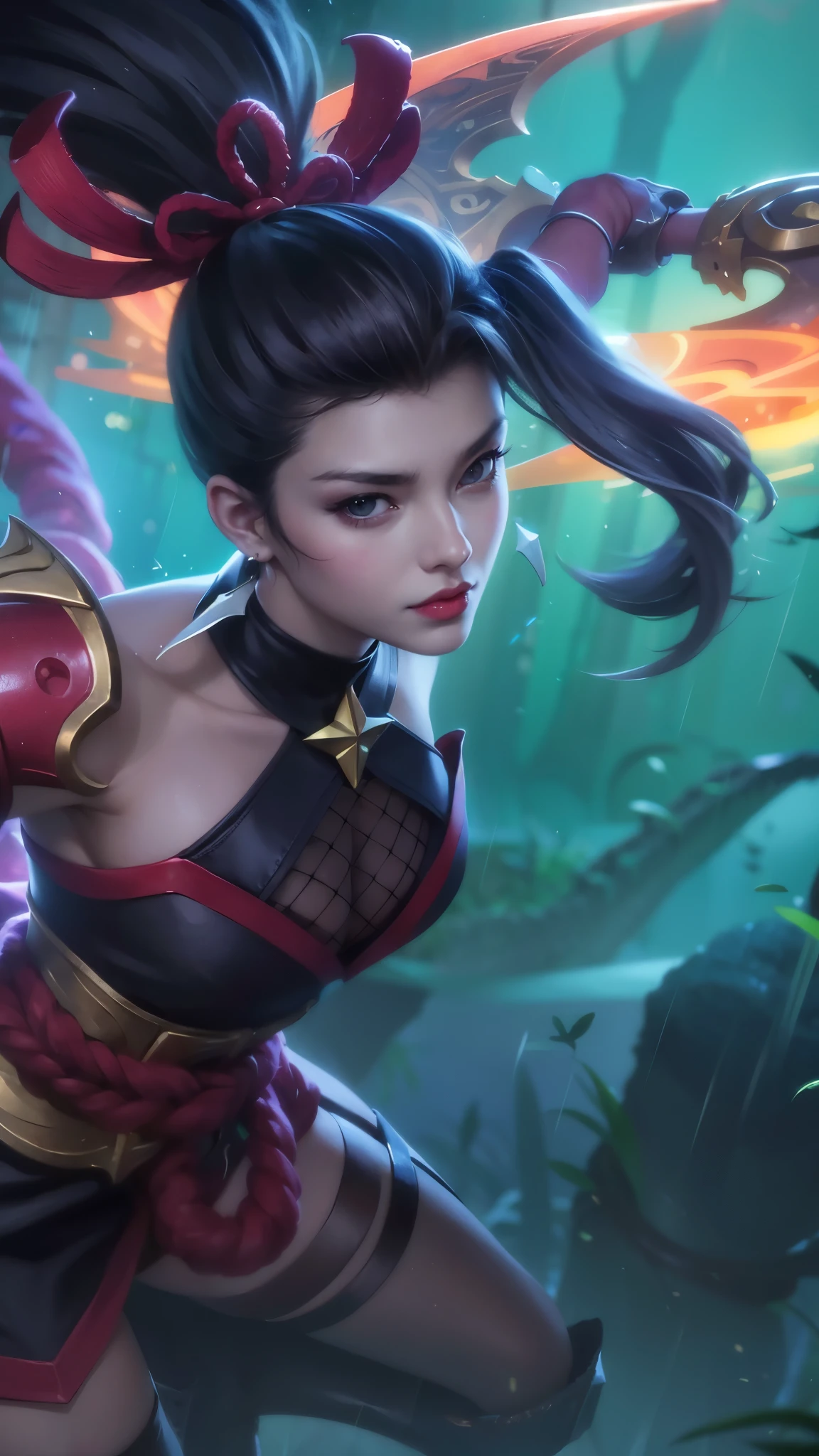(female:1.2), 8k, ultra hd, ultra detailed texture, hyper realistic, masterpiece, detailed texture, detailed face, detailed skin, detailed lighting, (photorealistic:1.5), best quality, beautiful lighting, cinematic lighting, professional lighting, ultra highres, realistic, detailed hair, real hair, high quality, (realskin:1.5), extremely detailed, finely detail, ultra-detailed, 1girl, solo, elf, pointy ears, standing, demon horns, forehead protector, v-shapped eyebrow, lips, red lips, evil smile, nose, make up, pretty, beautiful, cute face, long hair, black hair, high ponytail, large breasts, cleavage, armpit, navel, stomach, black armor, pauldrons, bare shoulders, shoulder armor, thigh high, sleevless, detached sleeves, breastplate, gauntlets, karina \(mobile legends\), depth of field, looking aways, white skin, skin tight, amazing pose, outdoors, glowing, dark view.